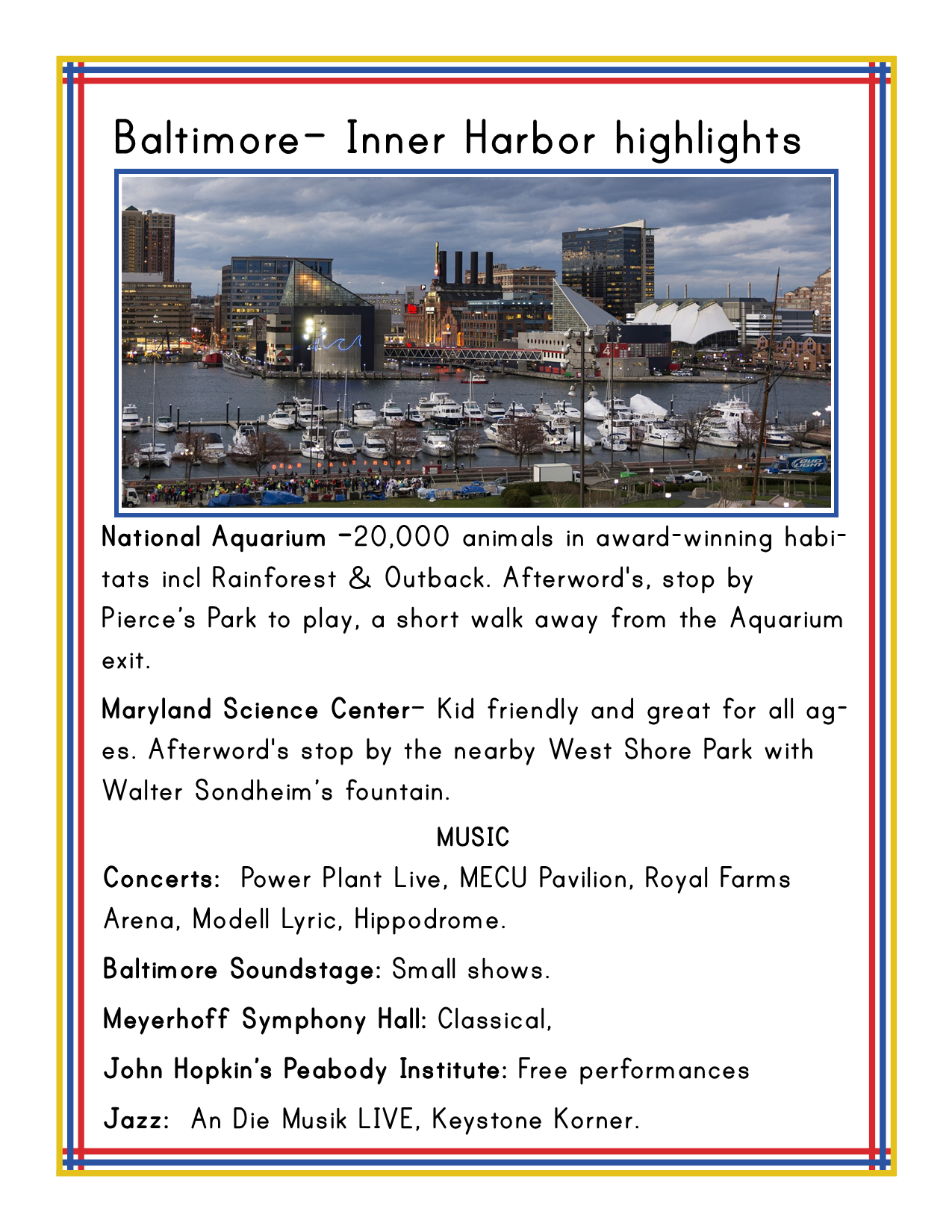 Flyer showcasing attractions of Baltimore Inner Harbor such as the National Aquarium, Maryland Science Center, an observation tower, and music venues. The background features a photo of the harbor and it includes the "Maryland Travel Guide and Activity Kit for Kids" by Wondermom Shop to enrich your visit with printable activities featuring Maryland state information.