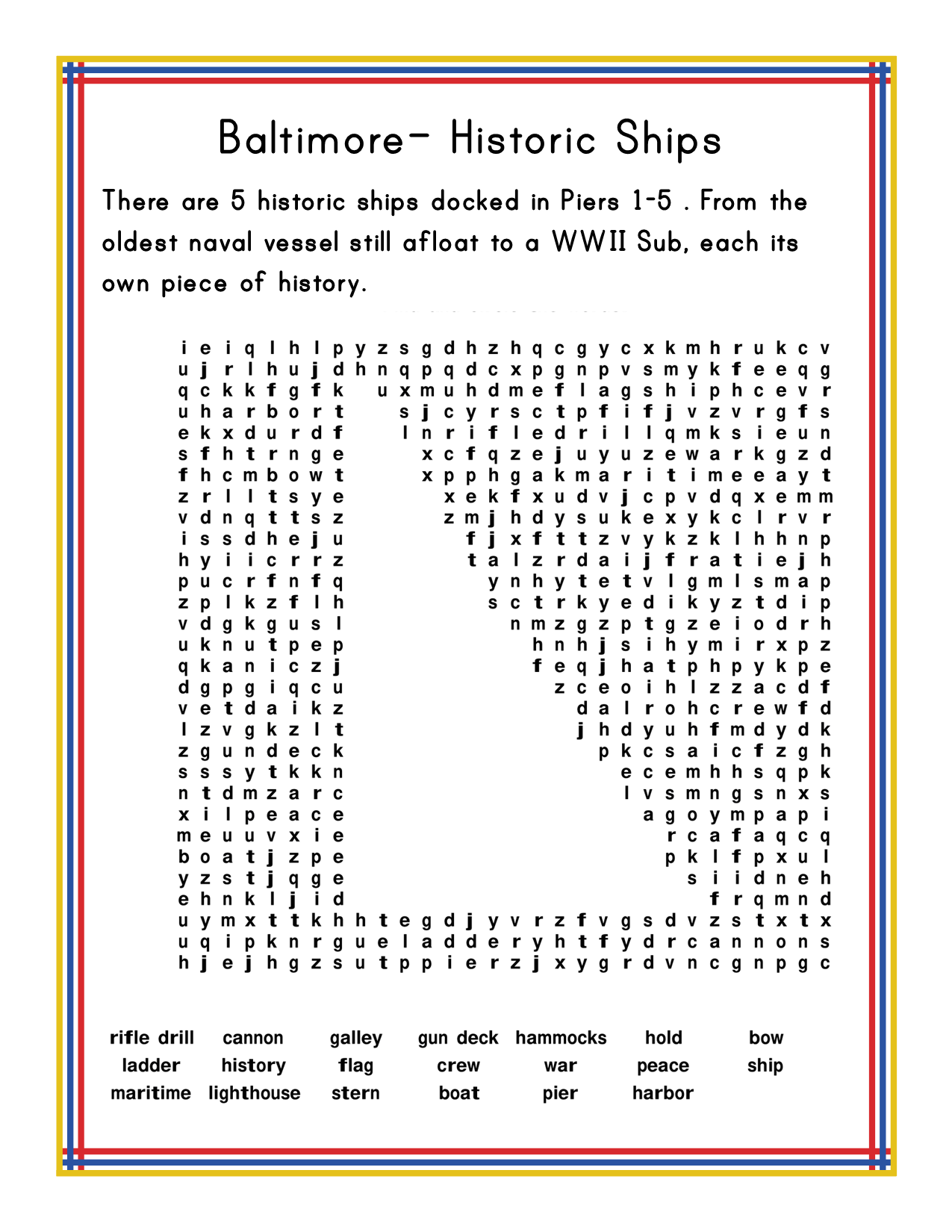 Introducing the "Maryland Travel Guide and Activity Kit for Kids" by Wondermom Shop: This engaging printable activity kit features a word search puzzle titled "Baltimore - Historic Ships," which includes descriptions of five significant historic ships and their historical importance. Perfect for young history enthusiasts, the kit also provides rich information about the state of Maryland and comes with a convenient Maryland travel guide.