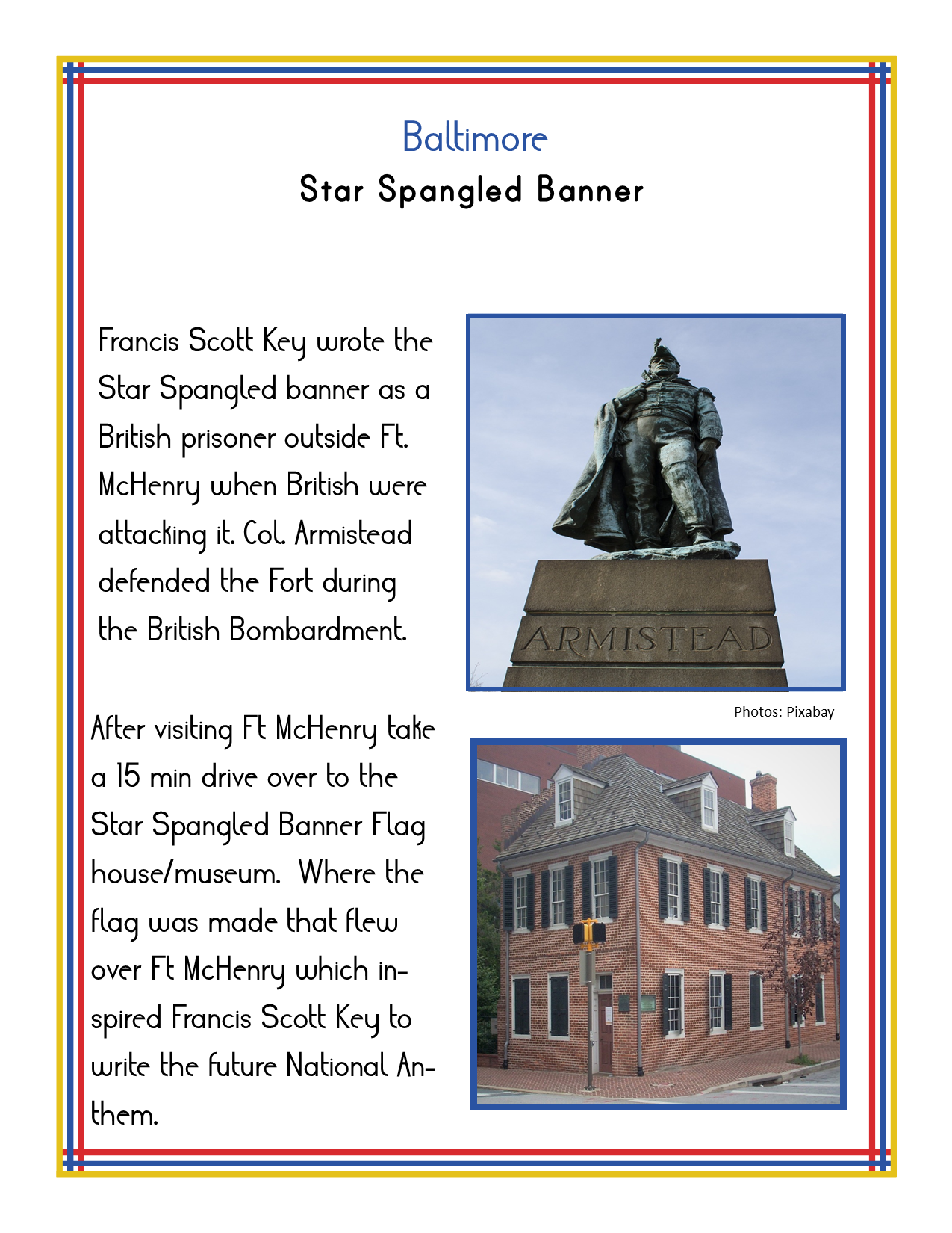 Baltimore Star Spangled Banner historical marker with text about Francis Scott Key writing the anthem during the British attack on Ft. McHenry, a statue of Col. Armistead, and the Star Spangled Banner Flag House. For visitors, the Wondermom Shop's Maryland Travel Guide and Activity Kit for Kids offers insights and highlights other historical sites nearby.