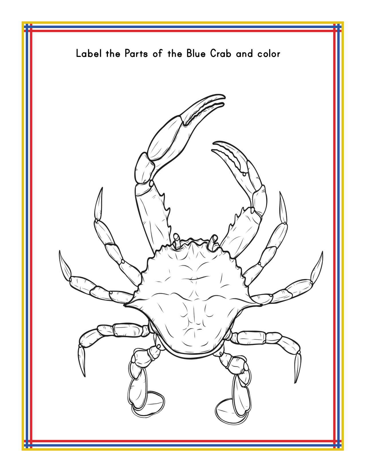 A black and white illustration of a blue crab with a prompt to label and color its parts. The Maryland Travel Guide and Activity Kit for Kids by Wondermom Shop features the crab’s detailed legs, claws, and body, perfect for those interested in Maryland state information or exploring the Maryland travel guide.