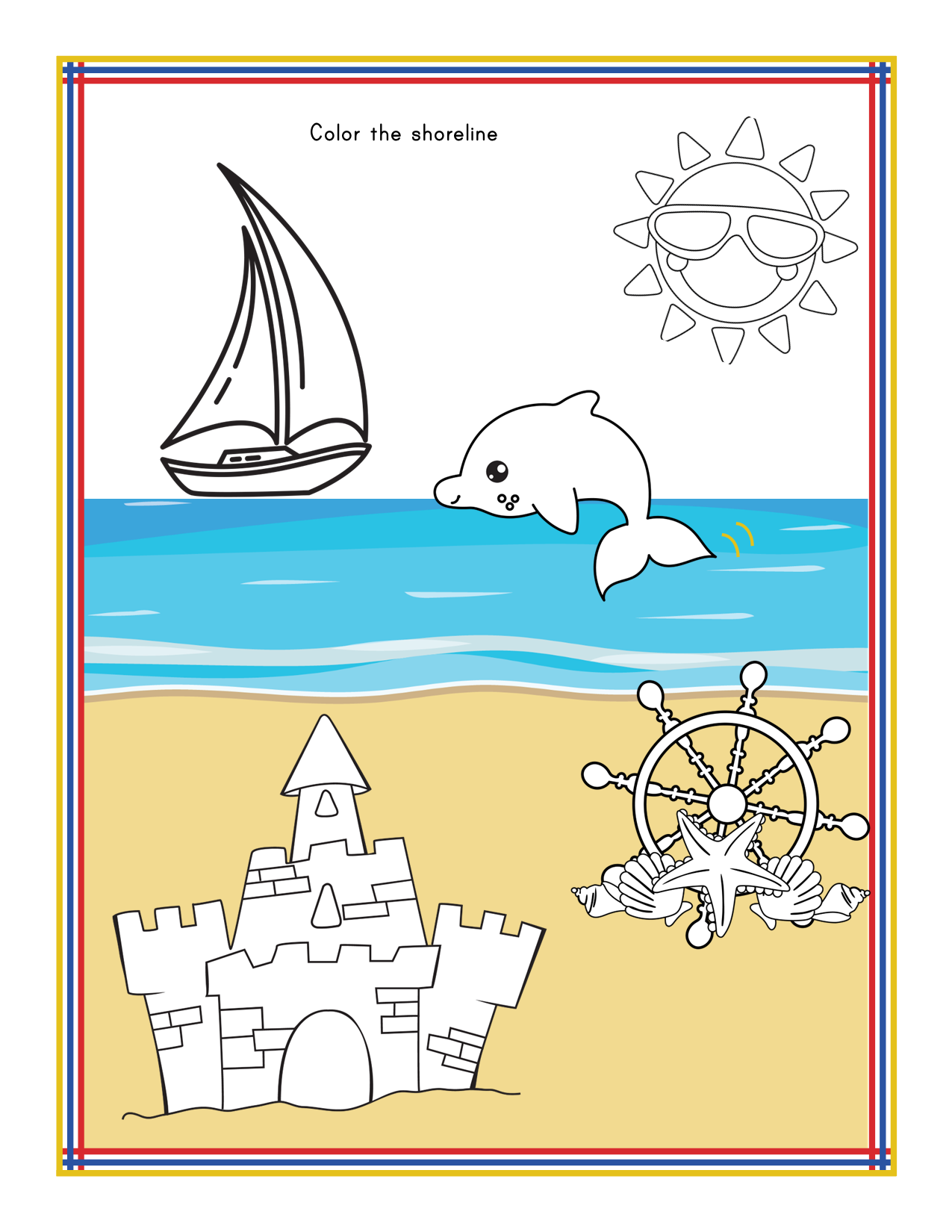 A coloring page in the Maryland Travel Guide and Activity Kit for Kids by Wondermom Shop showcases a delightful scene with a sailboat, dolphin, and sun in the ocean, accompanied by a sandcastle and ship wheel on the beach. The text reads "Color the shoreline." It's an ideal addition to any Maryland travel guide or printable activity kit.