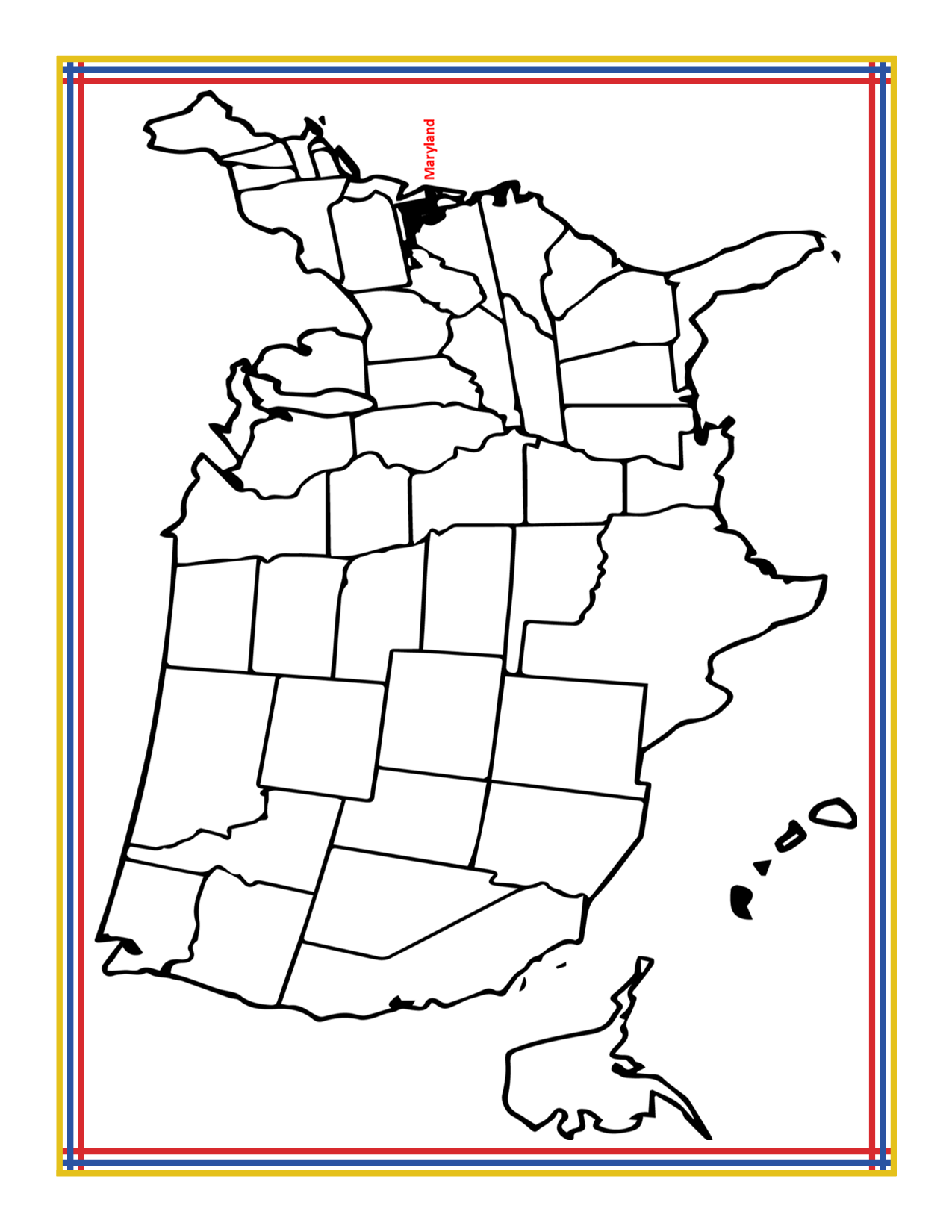 The Maryland Travel Guide and Activity Kit for Kids by Wondermom Shop features an outline map of the United States and southern Canada, set within a decorative border showcasing vibrant red, yellow, and blue stripes. The states and provinces are outlined but not labeled, making it an ideal addition to any travel guide for your young adventurers.