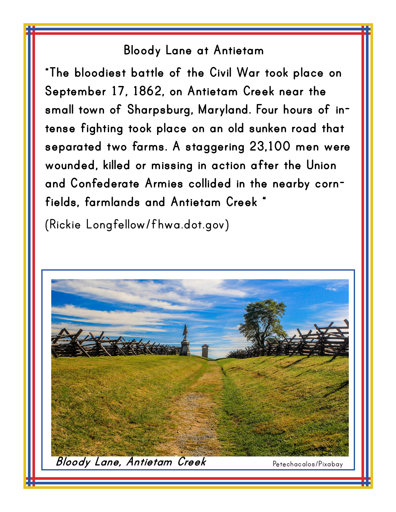 A historical information poster about Bloody Lane at Antietam in Maryland, featuring a photo of a dirt lane bordered by wooden fences and a scenic landscape. The poster discusses the significant casualties of the Civil War battle and complements the "Maryland Travel Guide and Activity Kit for Kids" by Wondermom Shop, providing engaging educational resources for history enthusiasts.