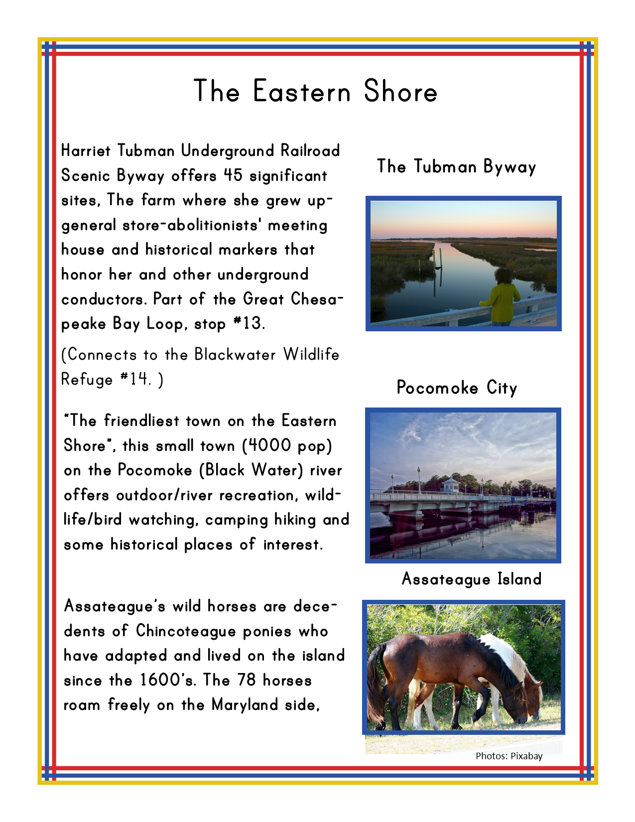 Informational poster about The Eastern Shore, featuring Tubman Byway, Pocomoke City, Assateague Island, and historical markers related to Harriet Tubman and other underground conductors. Includes the Maryland Travel Guide and Activity Kit for Kids from Wondermom Shop for families exploring the rich history and scenic beauty of Maryland.