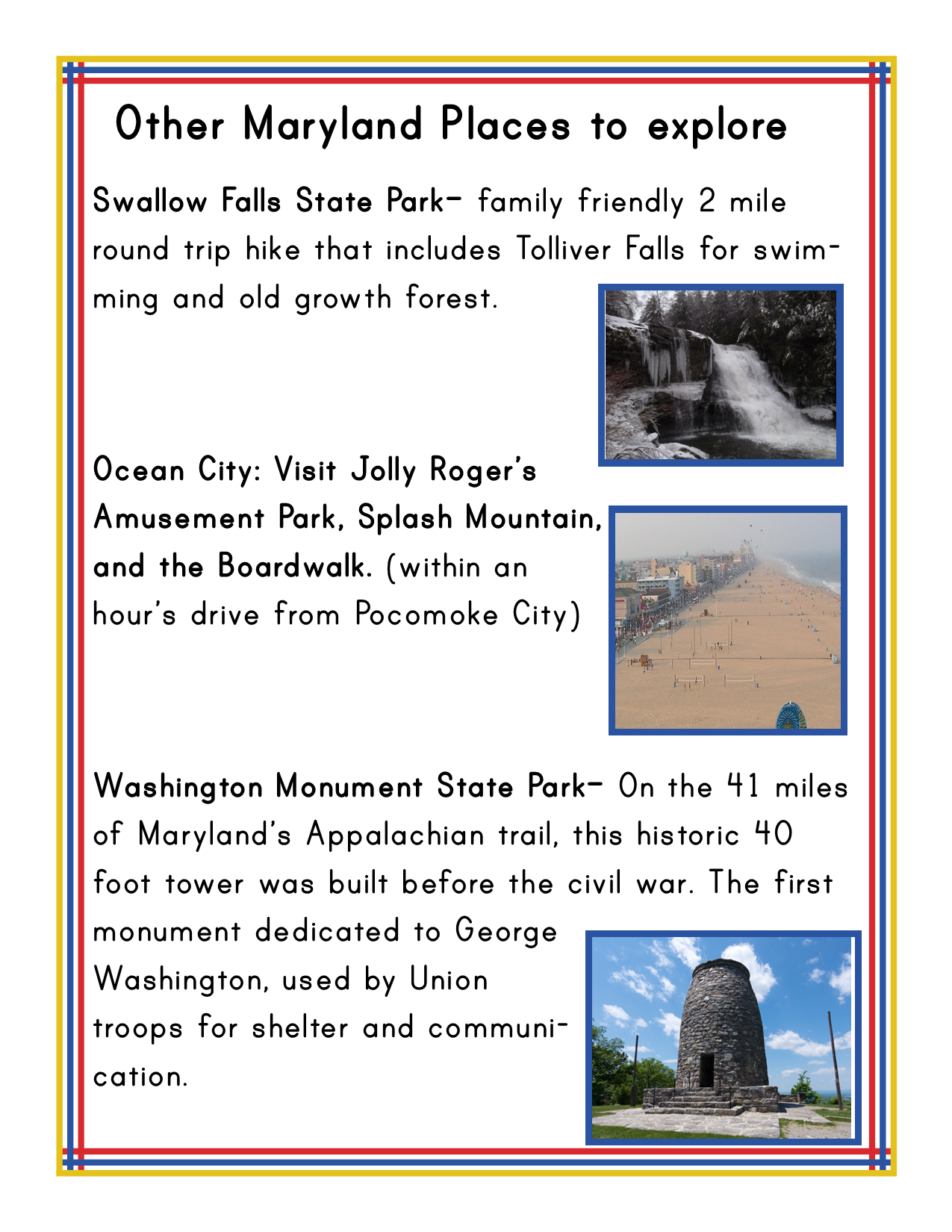Explore the wonders of Maryland with our interactive infographic, highlighting must-visit destinations such as Swallow Falls State Park, Ocean City featuring Jolly Roger's Amusement Park and the Boardwalk, and Washington Monument State Park. Ideal for enhancing your "Maryland Travel Guide and Activity Kit for Kids" from Wondermom Shop!