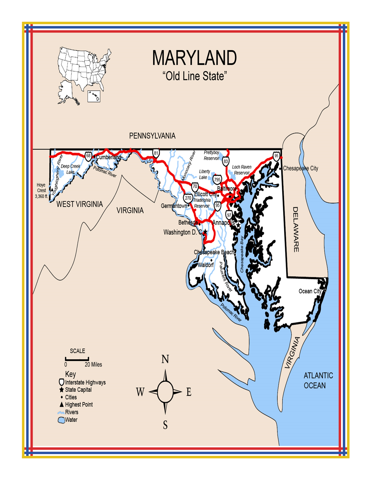 The Maryland Travel Guide and Activity Kit for Kids by Wondermom Shop features a detailed map of Maryland highlighting its cities, highways, and neighboring states. The map includes useful elements such as a compass, a scale of miles, and indications of water bodies and state boundaries. An inset provides an overview of Maryland's location within the U.S., making it an excellent addition to any travel guide or printable activity kit for children.