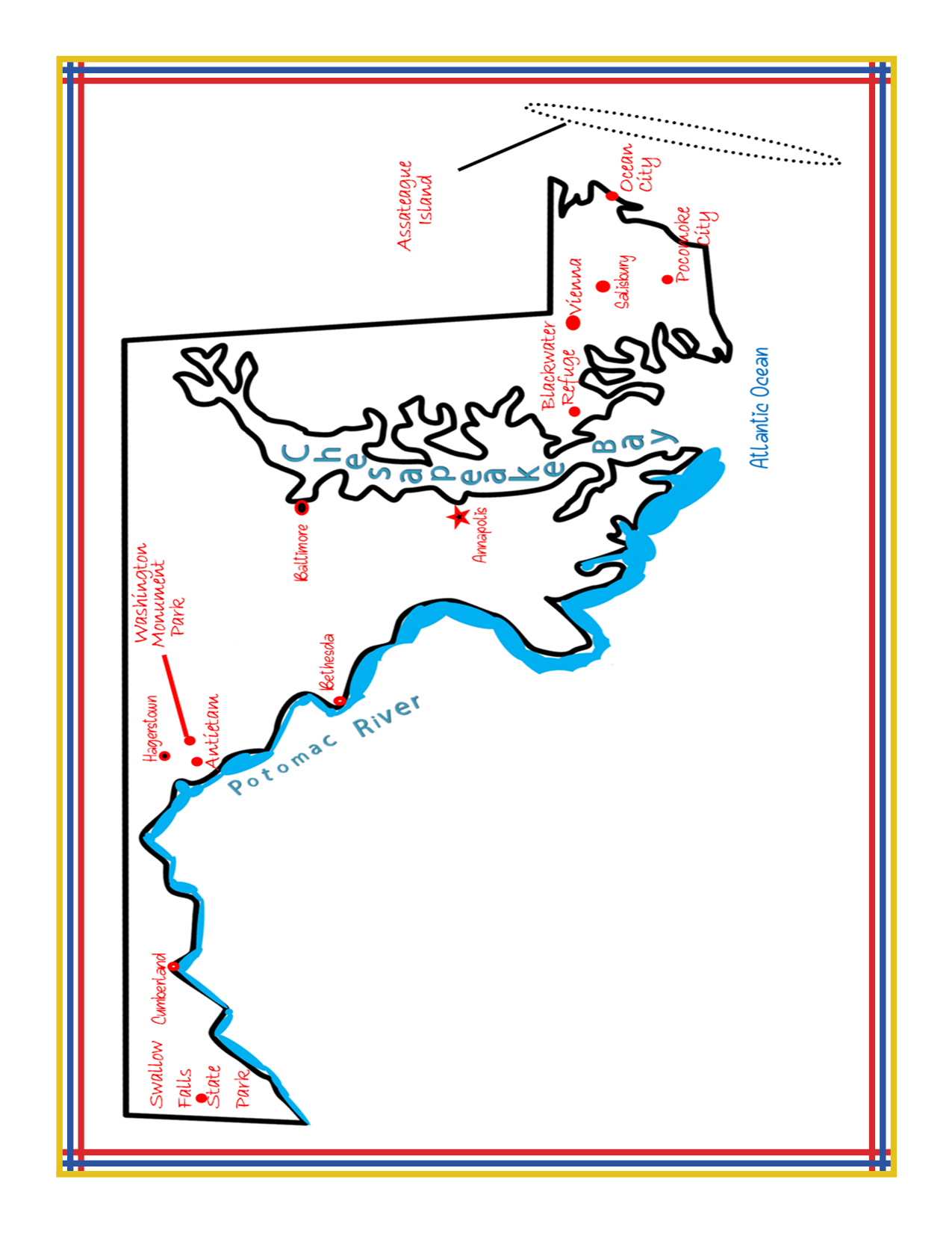 The Maryland Travel Guide and Activity Kit for Kids by Wondermom Shop features a hand-drawn map of Maryland, detailing major attractions such as the Atlantic Ocean, Potomac River, and various cities, with labels in red and blue text. This engaging printable activity kit also serves as an informative state guide.