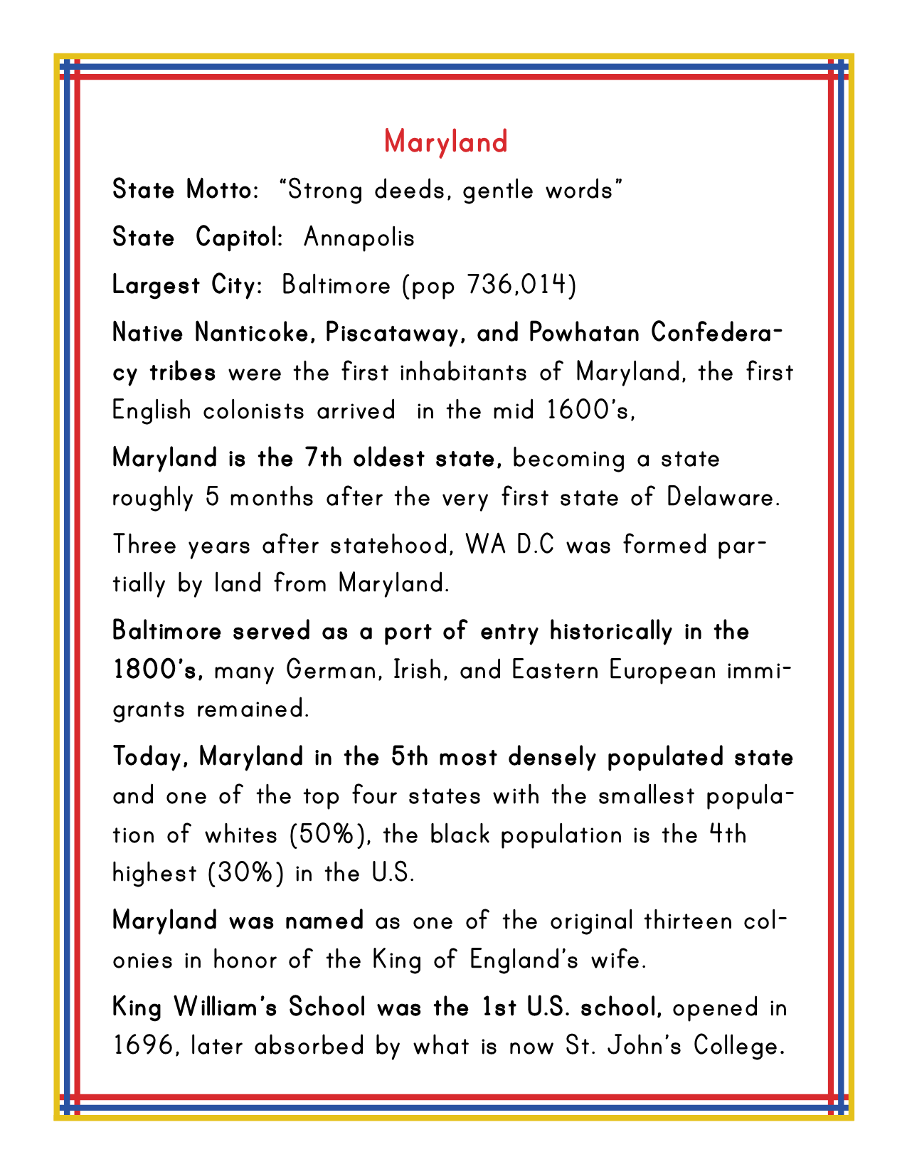 The "Maryland Travel Guide and Activity Kit for Kids" by Wondermom Shop features a white page titled "Maryland” that includes essential state information such as Maryland’s motto, capital, largest city, and historical details. The text is elegantly framed by a colorful border with a local pattern, making it an ideal addition to any printable activity kit or Maryland travel guide.