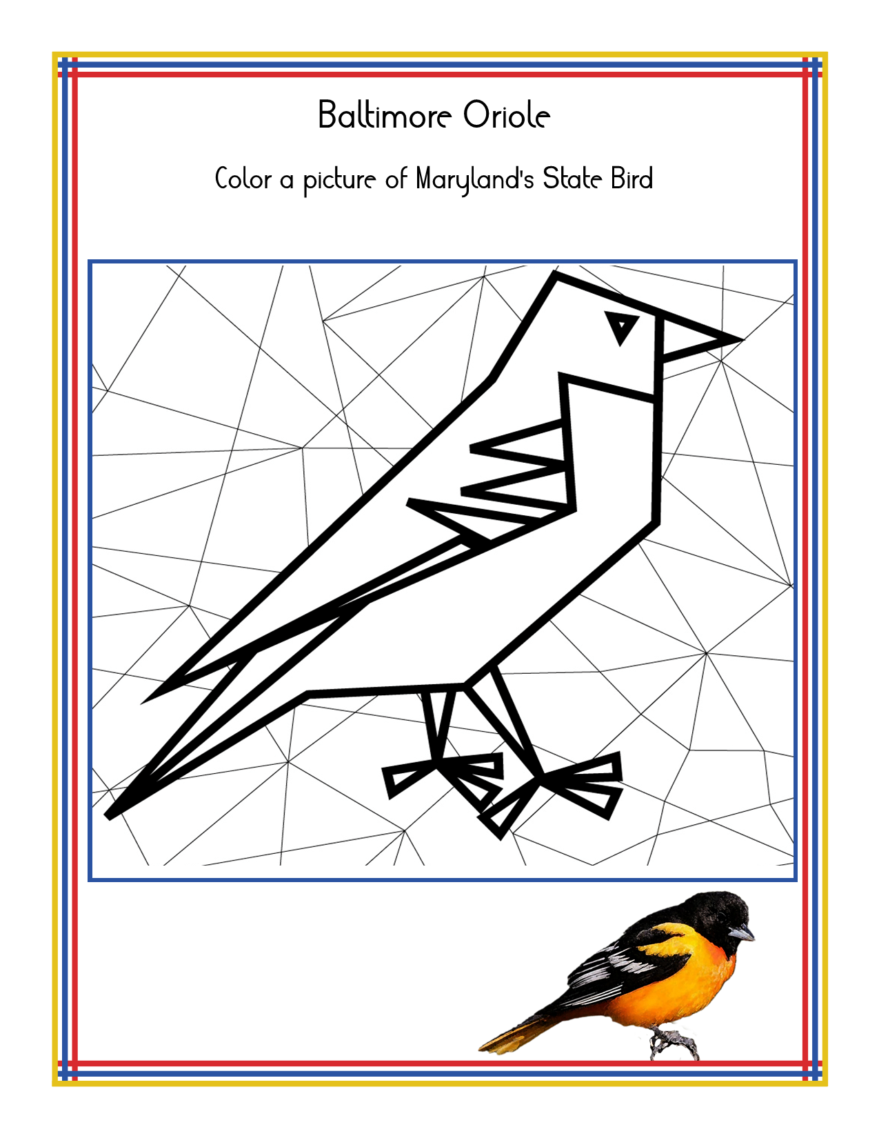 Coloring page featuring an outlined drawing of a Baltimore Oriole with the text "Color a picture of Maryland's State Bird" and an image of the bird in the bottom right corner. This makes for a perfect addition to the "Maryland Travel Guide and Activity Kit for Kids" by Wondermom Shop!