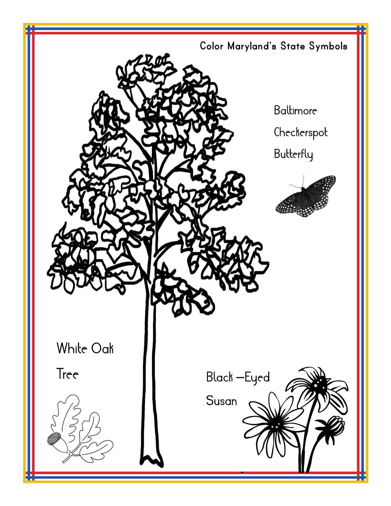 The Maryland Travel Guide and Activity Kit for Kids from Wondermom Shop features a black and white coloring page highlighting Maryland state symbols, such as the White Oak tree, Black-Eyed Susan flower, and Baltimore Checkerspot Butterfly. It's perfect for inclusion in your next Maryland travel guide or as a printable activity resource to enhance knowledge about the state.