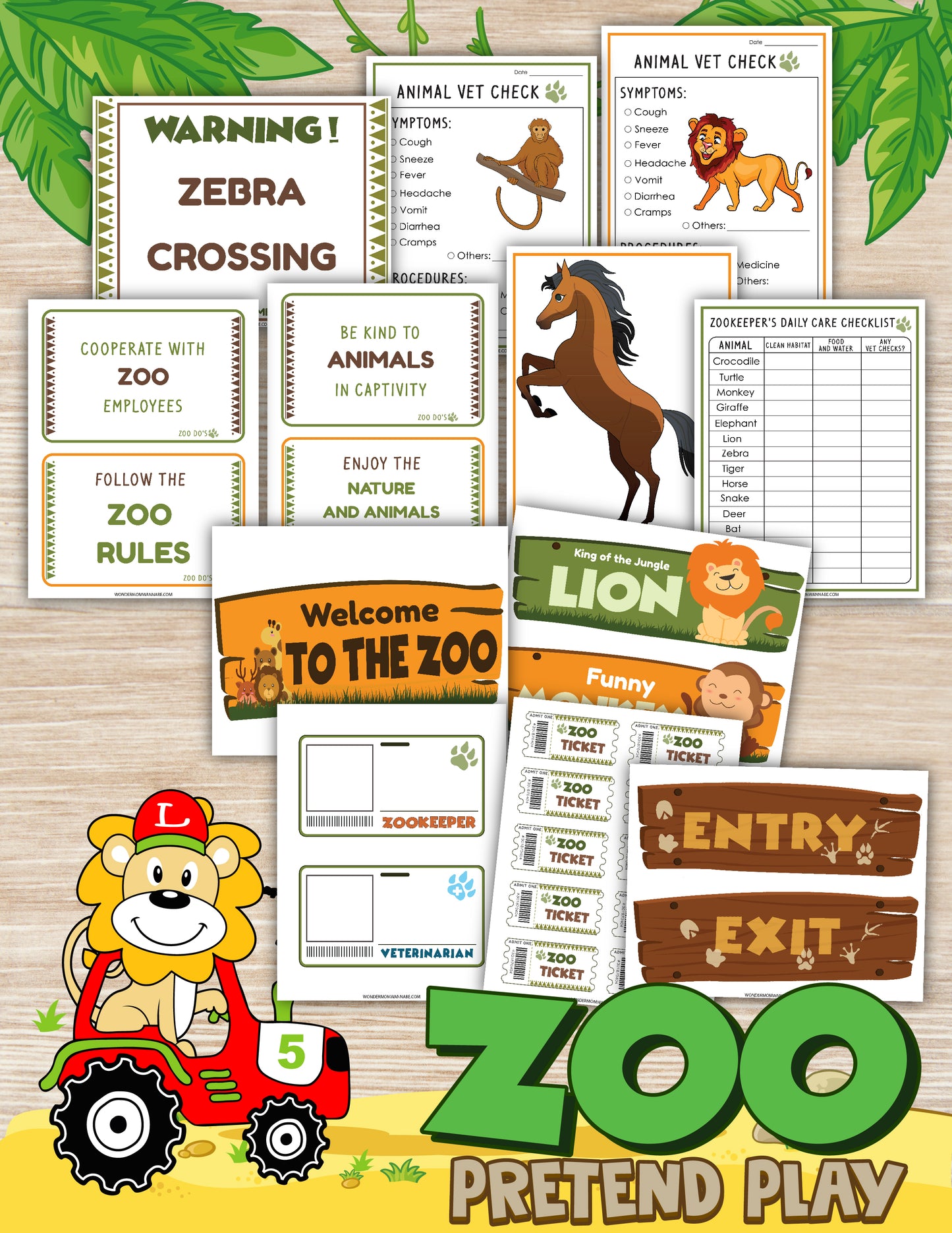 The Zoo Pretend Play Kit by Wondermom Shop includes an array of props and signs such as a "Zebra Crossing" warning sign, animal vet check forms, zoo tickets, and a "Welcome to the Zoo" banner. Featuring cartoon animals and a zookeeper, this digital product provides endless fun for imaginative play.