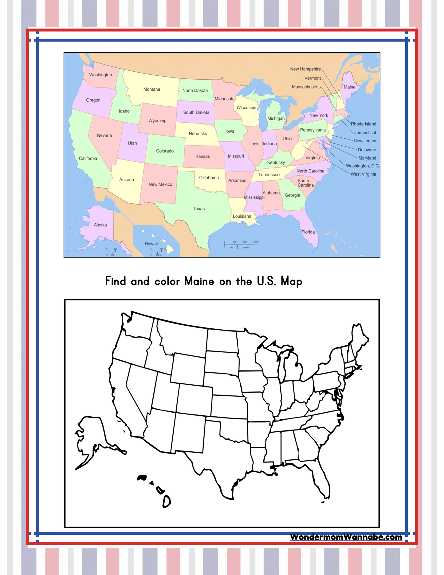 A worksheet from Wondermom Shop's "Maine Travel Guide and Activity Kit for Kids" features a colored U.S. map at the top and a blank, outlined U.S. map at the bottom, where kids can find and color Maine as part of their engaging activities about Maine.