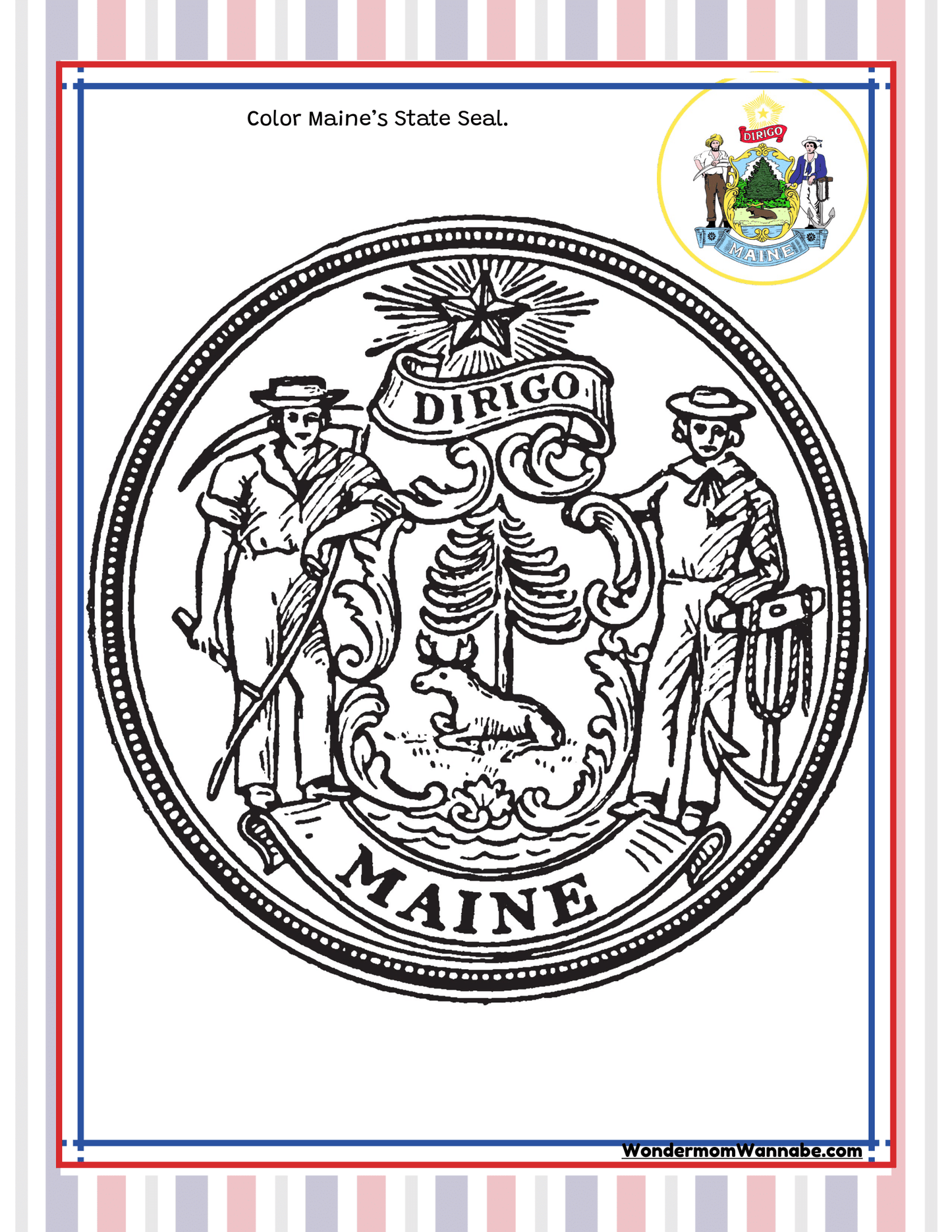 Black and white outline of Maine's state seal for coloring, featuring a farmer and sailor, a moose, a pine tree, and the motto "Dirigo" at the top. Perfect for those exploring the Wondermom Shop's "Maine Travel Guide and Activity Kit for Kids" or seeking out fun Maine activities.
