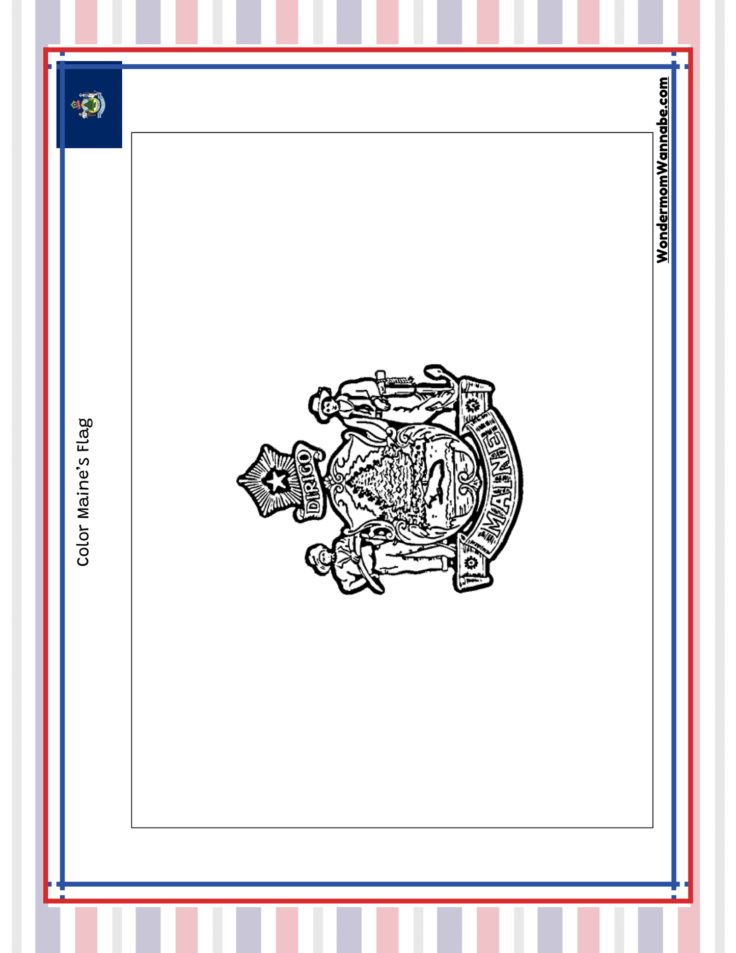 The "Maine Travel Guide and Activity Kit for Kids" by Wondermom Shop features an illustration of Maine’s state flag and coat of arms, complete with instructions to color the flag. This engaging activity is perfect for getting kids involved in Maine-themed fun, highlighting elements such as a star, a moose, a pine tree, a farmer, a sailor, and the word "DIRIGO.