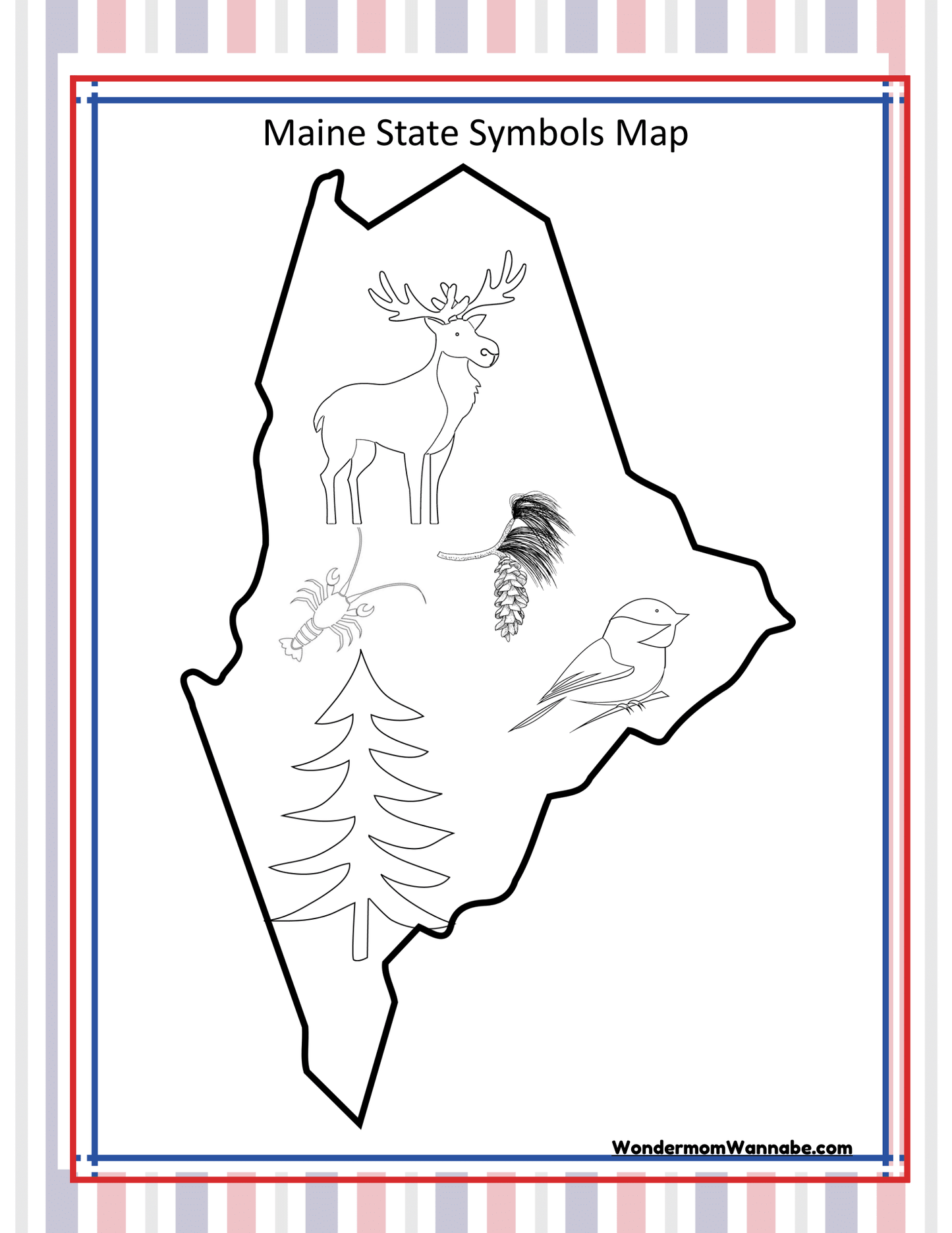 Outline map of Maine featuring state symbols such as a moose, pinecone, bee, chickadee, and pine tree. This charming depiction is perfect for the "Maine Travel Guide and Activity Kit for Kids" by Wondermom Shop.