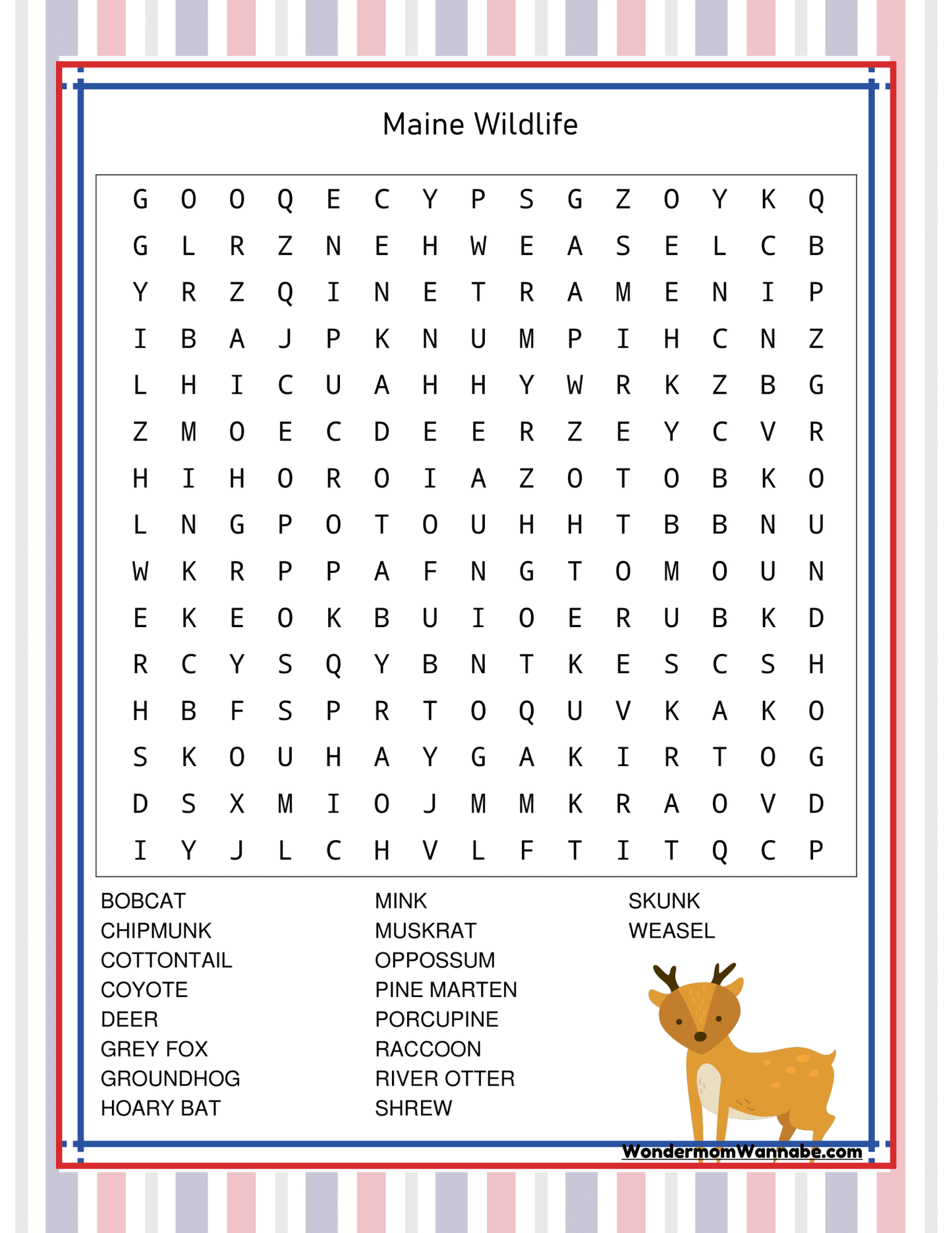Introducing the "Maine Travel Guide and Activity Kit for Kids" by Wondermom Shop—a word search puzzle titled "Maine Wildlife" featuring animal names, perfect for any Maine travel guide. The background has red and white vertical stripes, with a small illustration of a deer in the bottom right corner.