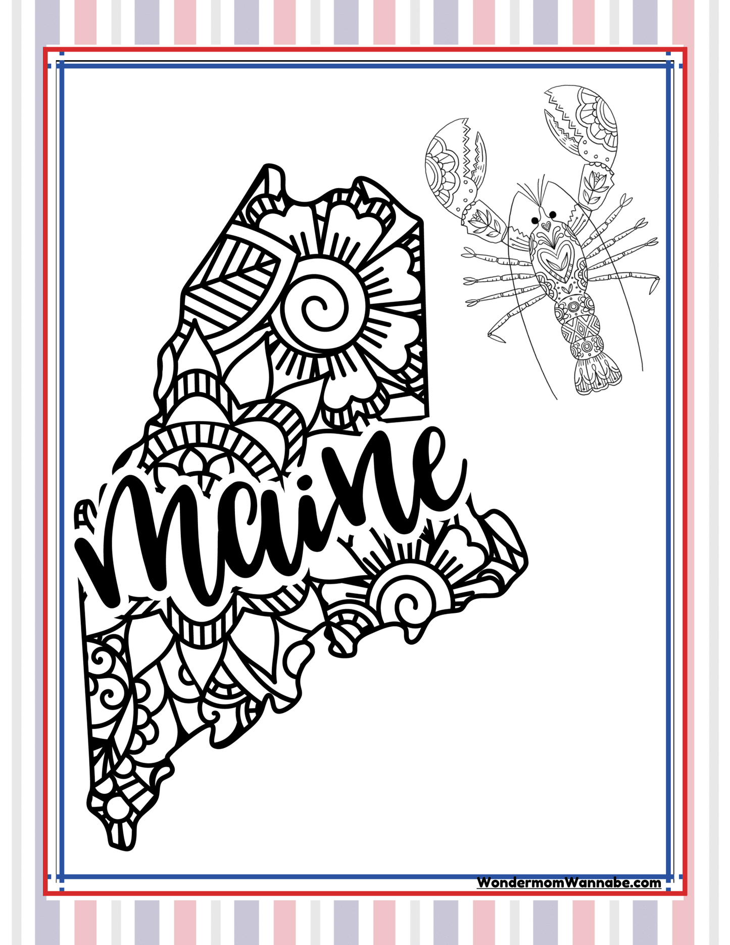 The Maine Travel Guide and Activity Kit for Kids by Wondermom Shop features a black and white outline of the state of Maine, adorned with intricate patterns and the word "Maine" in stylized script. A detailed illustration of a lobster graces the upper right corner, making it perfect for a unique travel guide cover or to highlight local Maine activities.