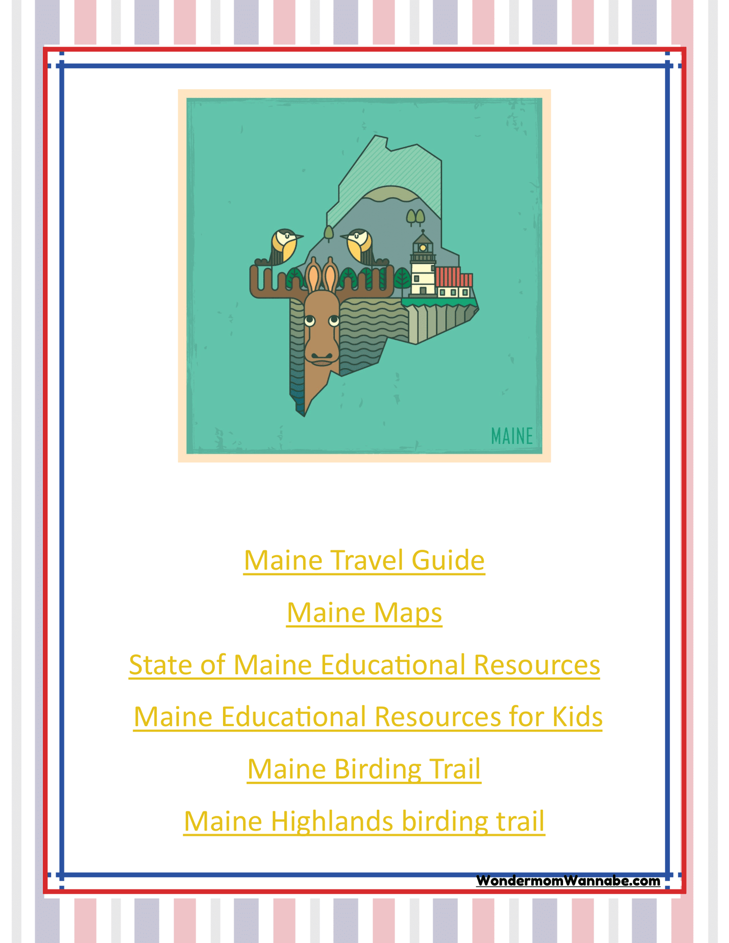 Discover the ‘Maine Travel Guide and Activity Kit for Kids’ by Wondermom Shop: a poster showcasing a stylized map of Maine, complete with links to various resources such as an extensive travel guide, maps, educational materials, and birding trails.