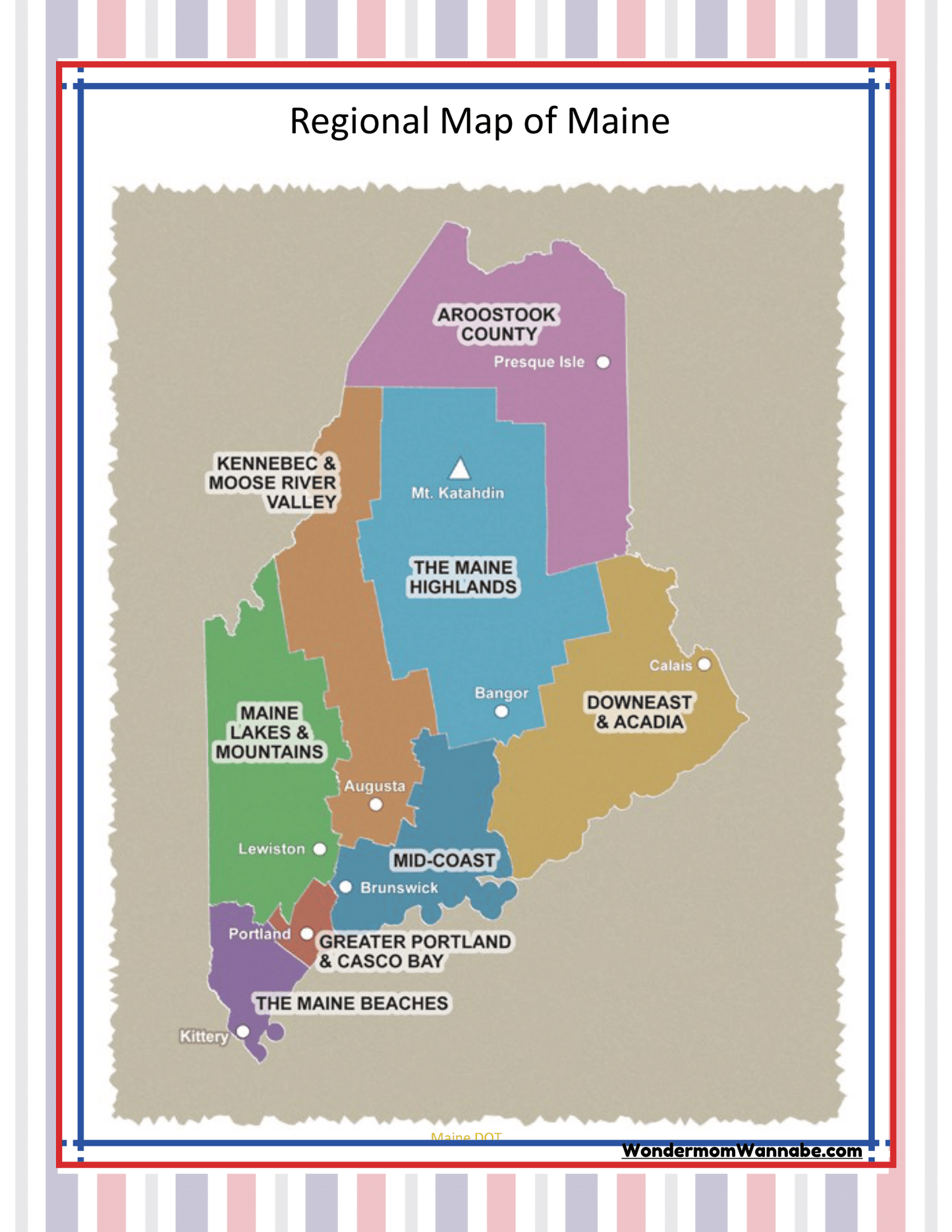 Discover the Maine Travel Guide and Activity Kit for Kids by Wondermom Shop, which features a detailed regional map of Maine highlighting various areas such as Aroostook County, The Maine Highlands, Downeast & Acadia, and Greater Portland & Casco Bay. Major cities like Augusta and Bangor are also marked to provide essential travel details for all your activities and destinations.