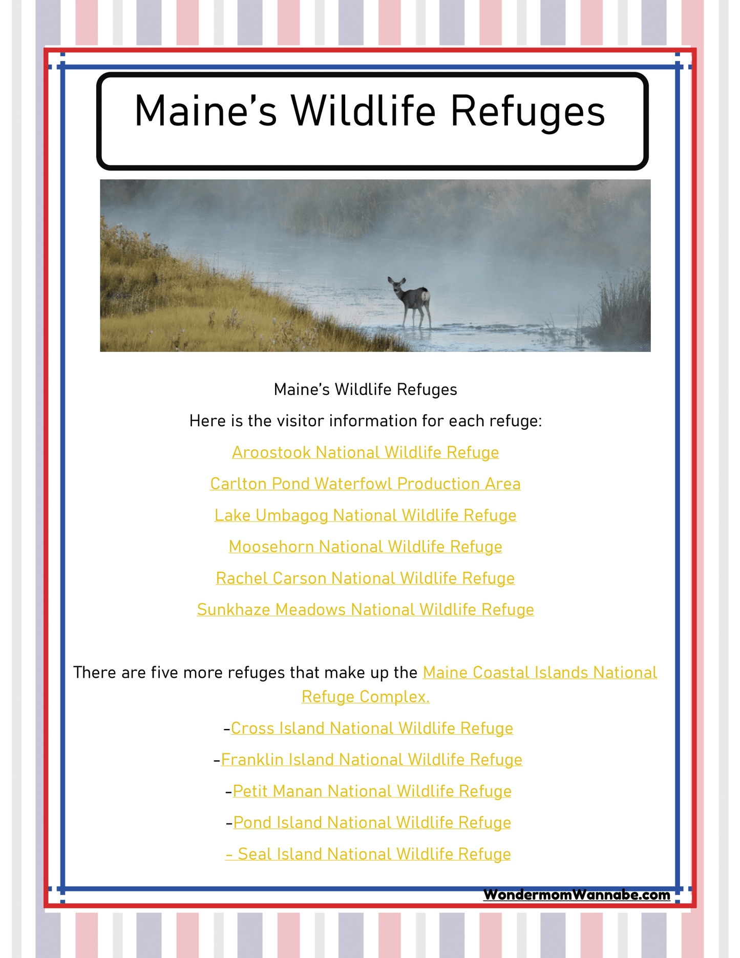 A poster titled "Maine Travel Guide and Activity Kit for Kids" by Wondermom Shop lists various wildlife refuges in Maine and includes an image of a deer in a misty landscape. Featuring essential travel guide details for Maine, the poster provides visitor information for each listed refuge.