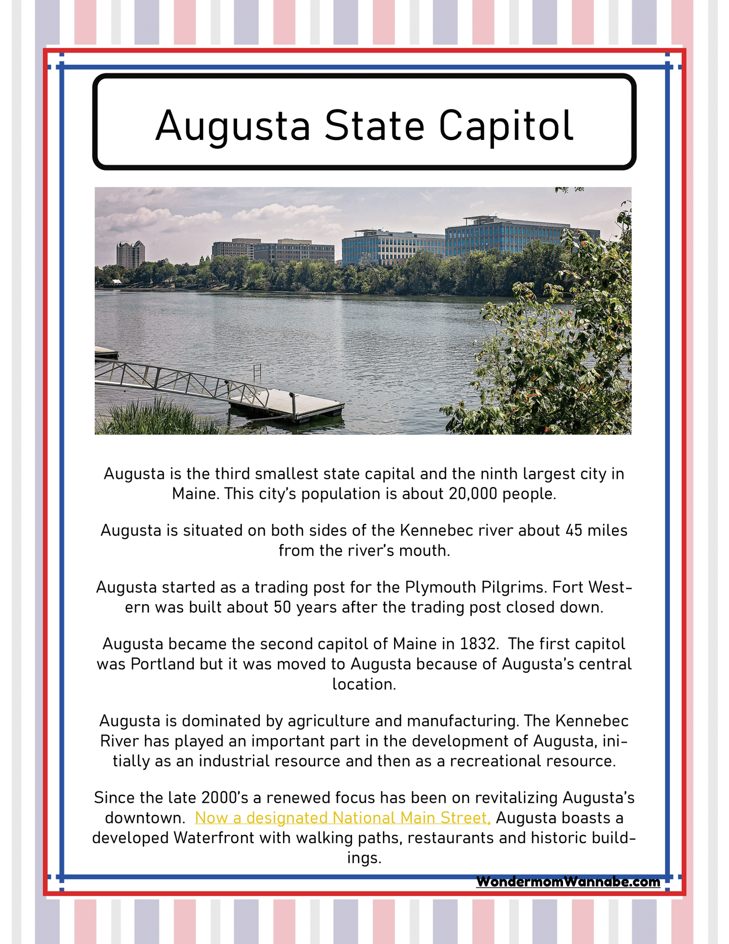 According to a historical marker, Augusta is described as Maine's third smallest state capital with approximately 20,000 residents. Nestled along the riverfront and steeped in history, it also boasts significant tourism developments. As highlighted in the "Maine Travel Guide and Activity Kit for Kids" by Wondermom Shop, Augusta is a must-visit destination included in any comprehensive Maine travel guide.