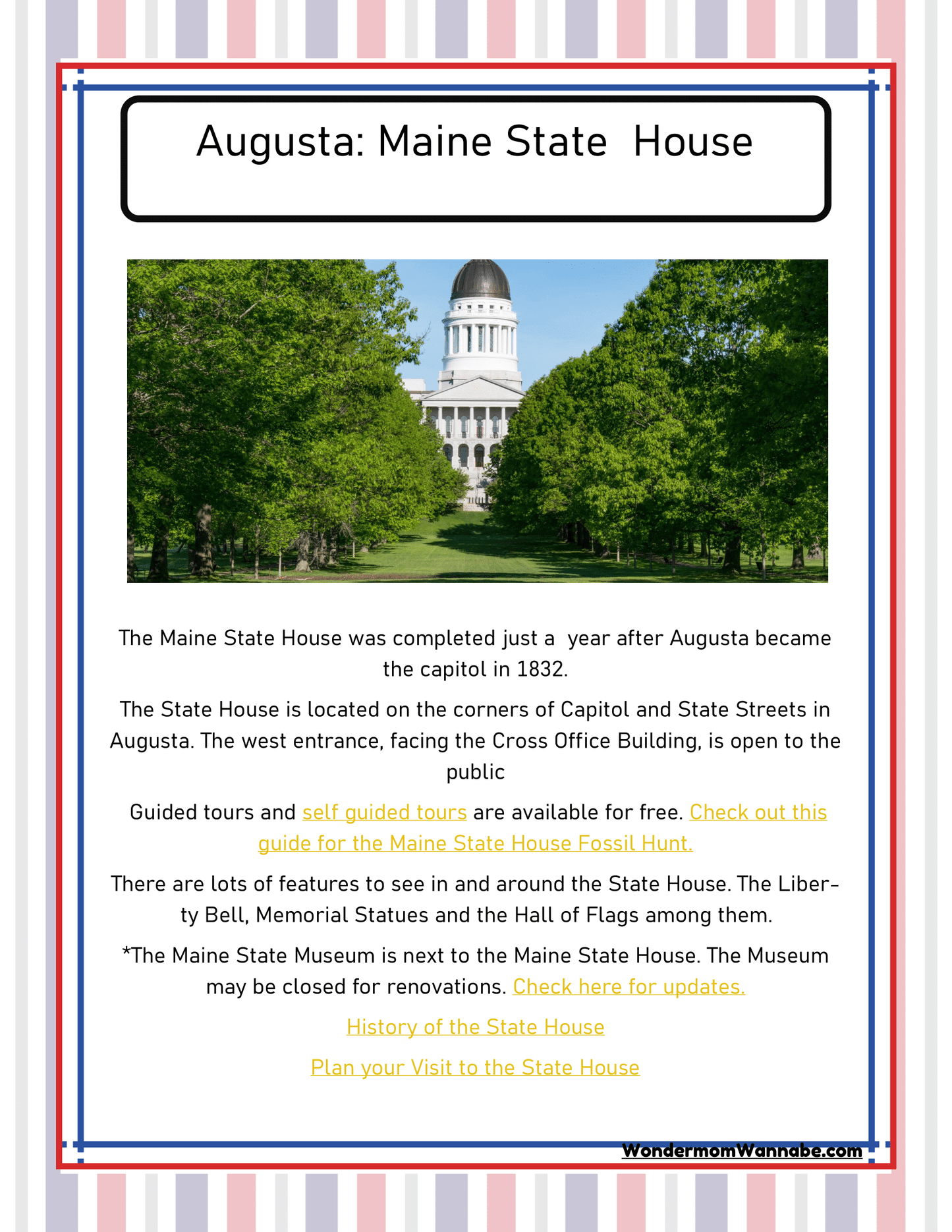 Discover the history of the Maine State House in Augusta with Wondermom Shop's "Maine Travel Guide and Activity Kit for Kids." Find essential visitor information, learn about nearby attractions like the Maine State Museum, and explore surrounding grounds. Your ultimate guide to enriching activities in Maine awaits!