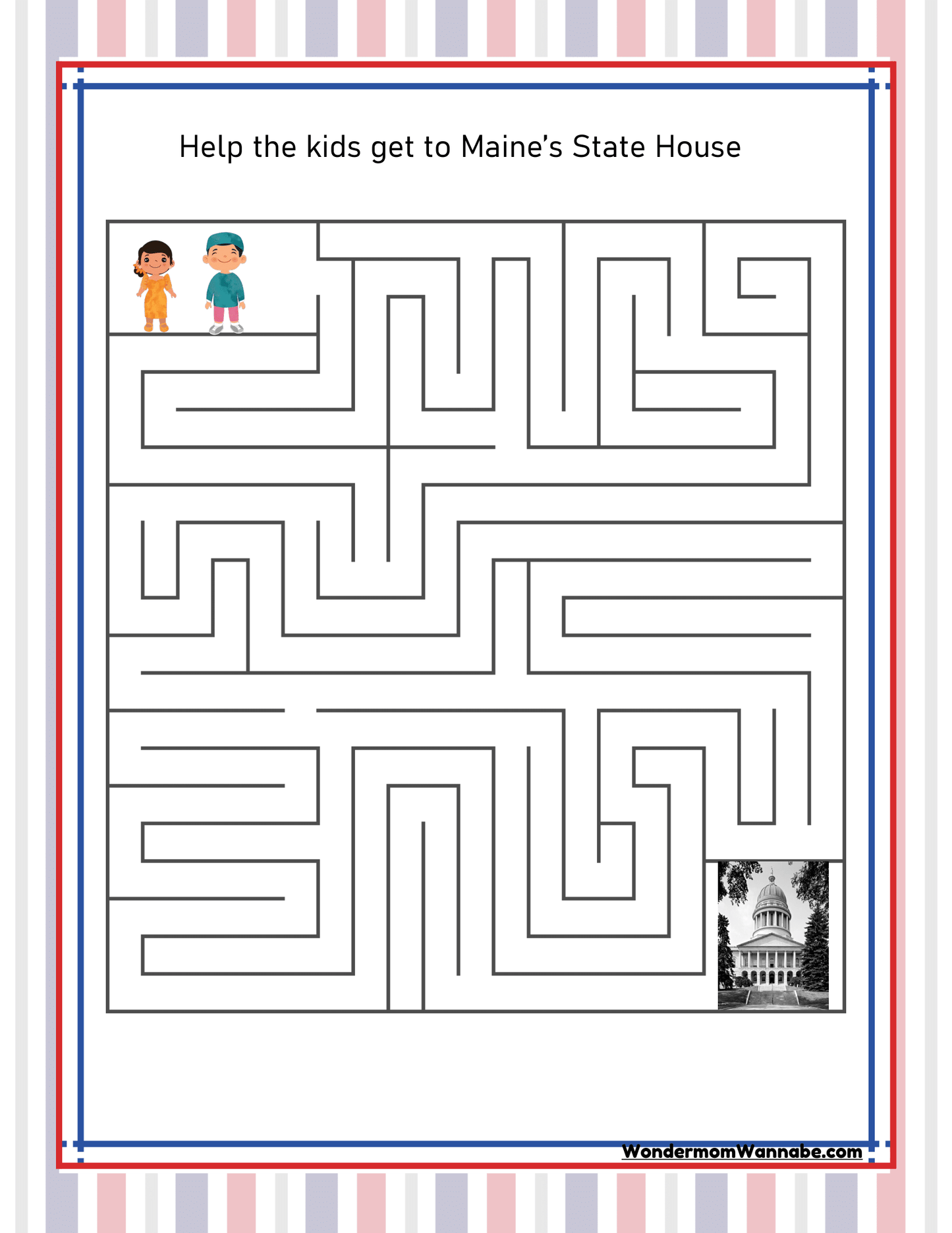 Maze with two cartoon kids at the top left. The objective is to help them reach the photo of Maine's State House at the bottom right. The maze, inspired by a Maine travel guide, is set against a striped border background and is part of the Maine Travel Guide and Activity Kit for Kids by Wondermom Shop.