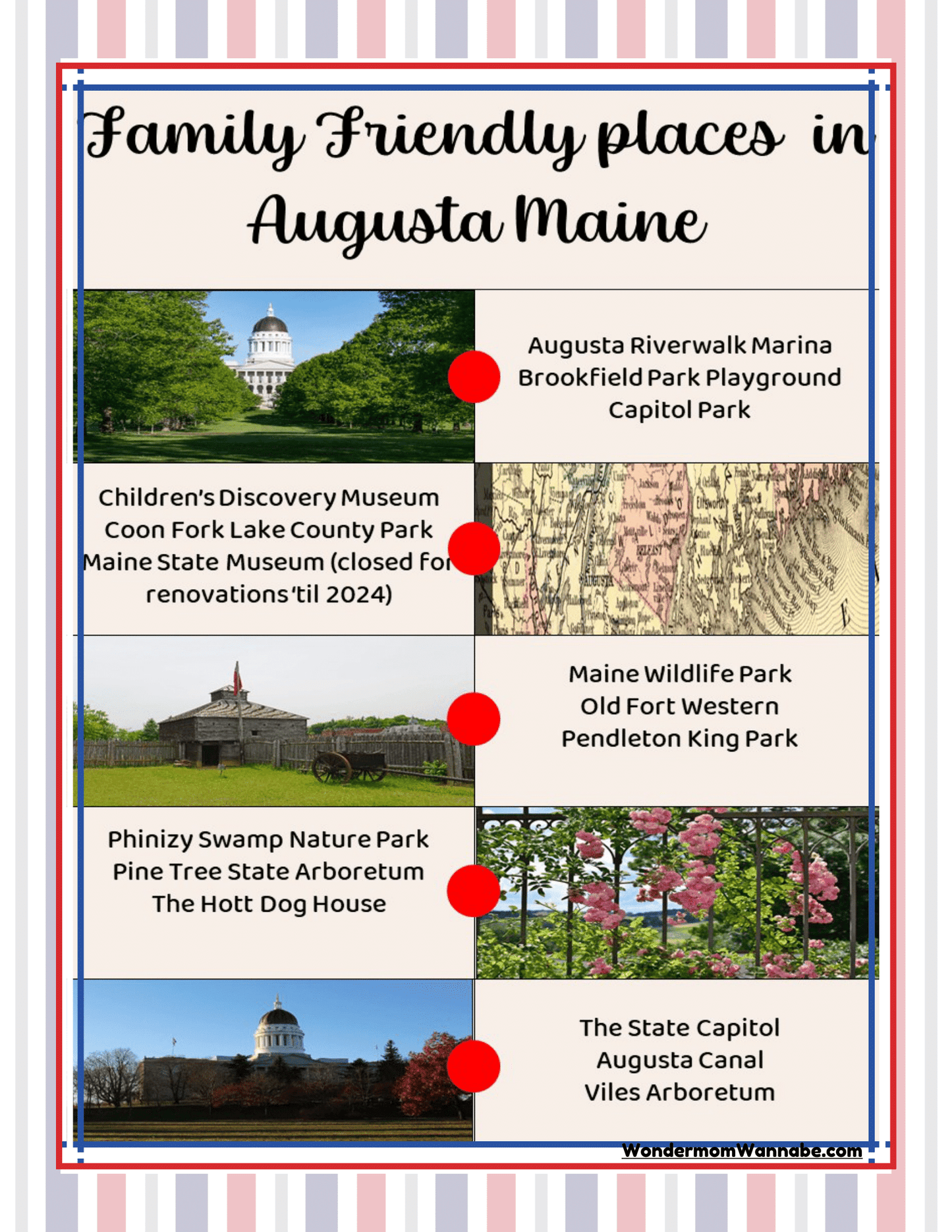 Uncover family-friendly destinations in Augusta, Maine with the Maine Travel Guide and Activity Kit for Kids from Wondermom Shop. Learn about the Augusta Riverwalk, children's museums, wildlife park, nature parks, and the State Capitol through vibrant descriptions and photos. Dive into this essential resource for all your Maine adventures.