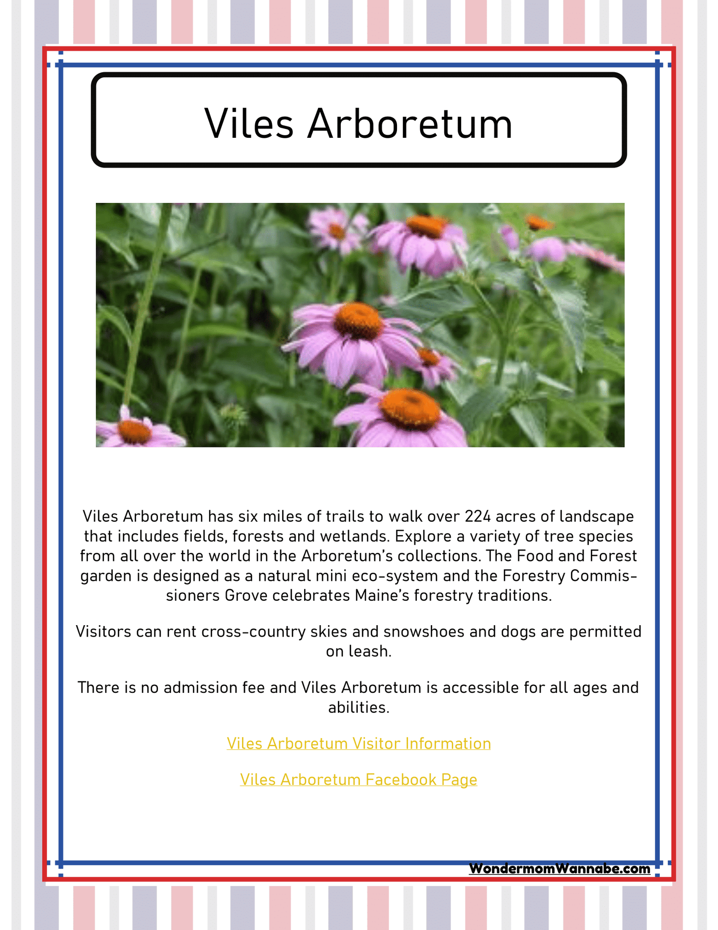 Discover the Viles Arboretum with the Maine Travel Guide and Activity Kit for Kids by Wondermom Shop! This vibrant poster includes details about trails, gardens, and accessibility, inviting families to explore diverse landscapes and activities in Maine. Featured on the poster is a beautiful photo of coneflowers to captivate your interest.
