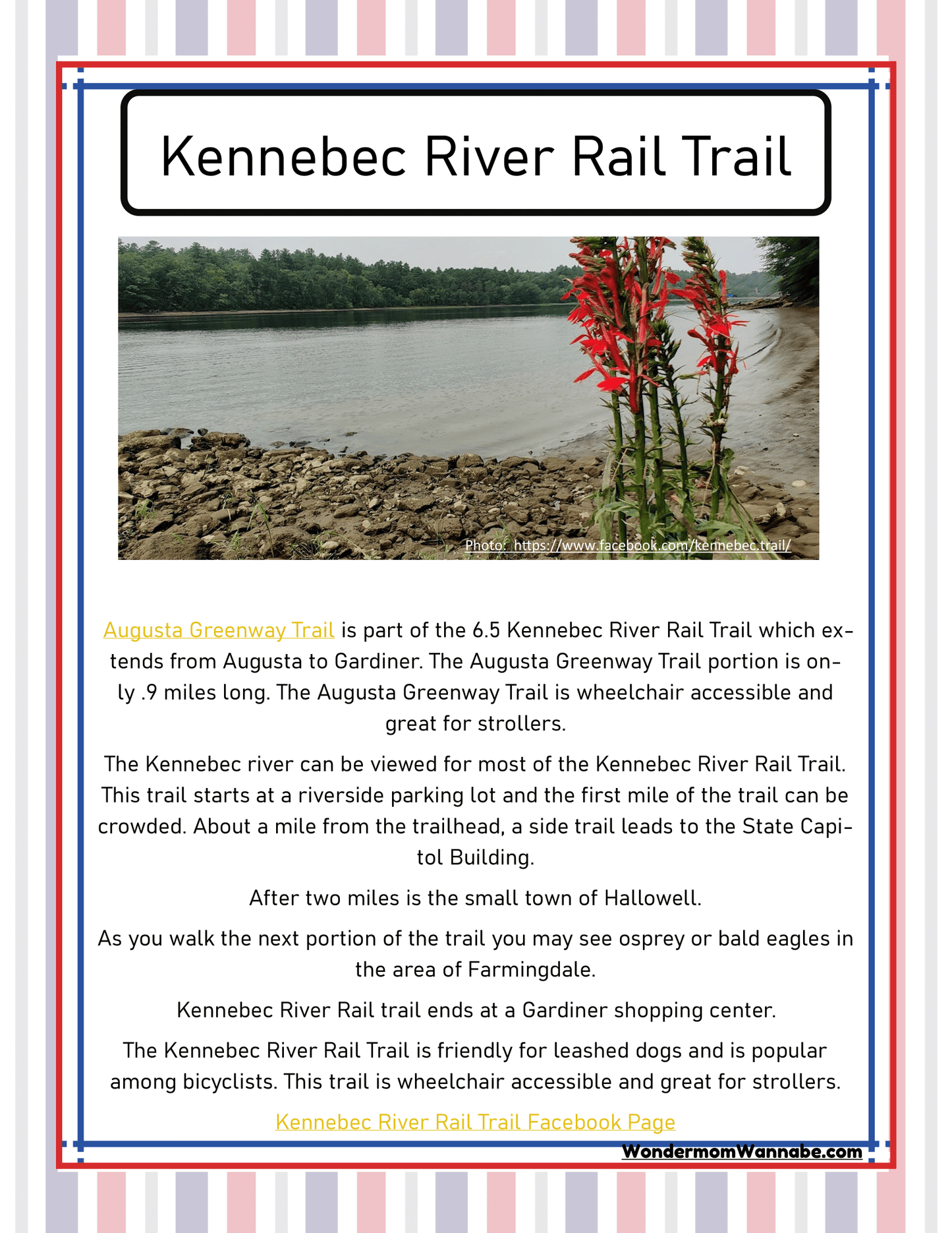 Informational sign about the Kennebec River Rail Trail, detailing trail accessibility, scenic views, locations, and additional nearby attractions. Perfect for those exploring Maine activities, this Wondermom Shop Maine Travel Guide and Activity Kit for Kids offers essential Maine information for an enriching outdoor experience.