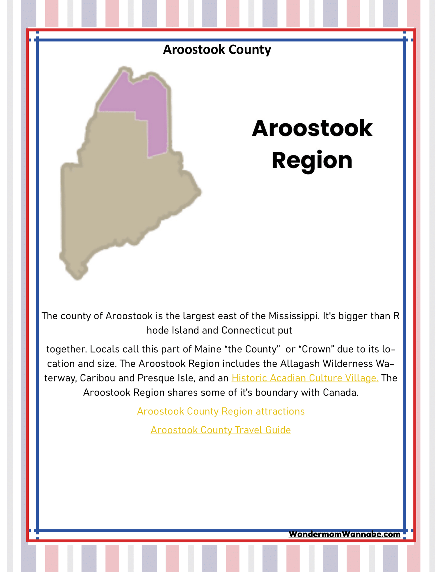 Discover Aroostook County with the Wondermom Shop's Maine Travel Guide and Activity Kit for Kids. This informative poster features a map highlighting the county's location, along with text detailing its size, local attractions, and its Canadian border. For further exploration of Maine activities, included are convenient links to the comprehensive Maine travel guide and exciting Aroostook County regional attractions.
