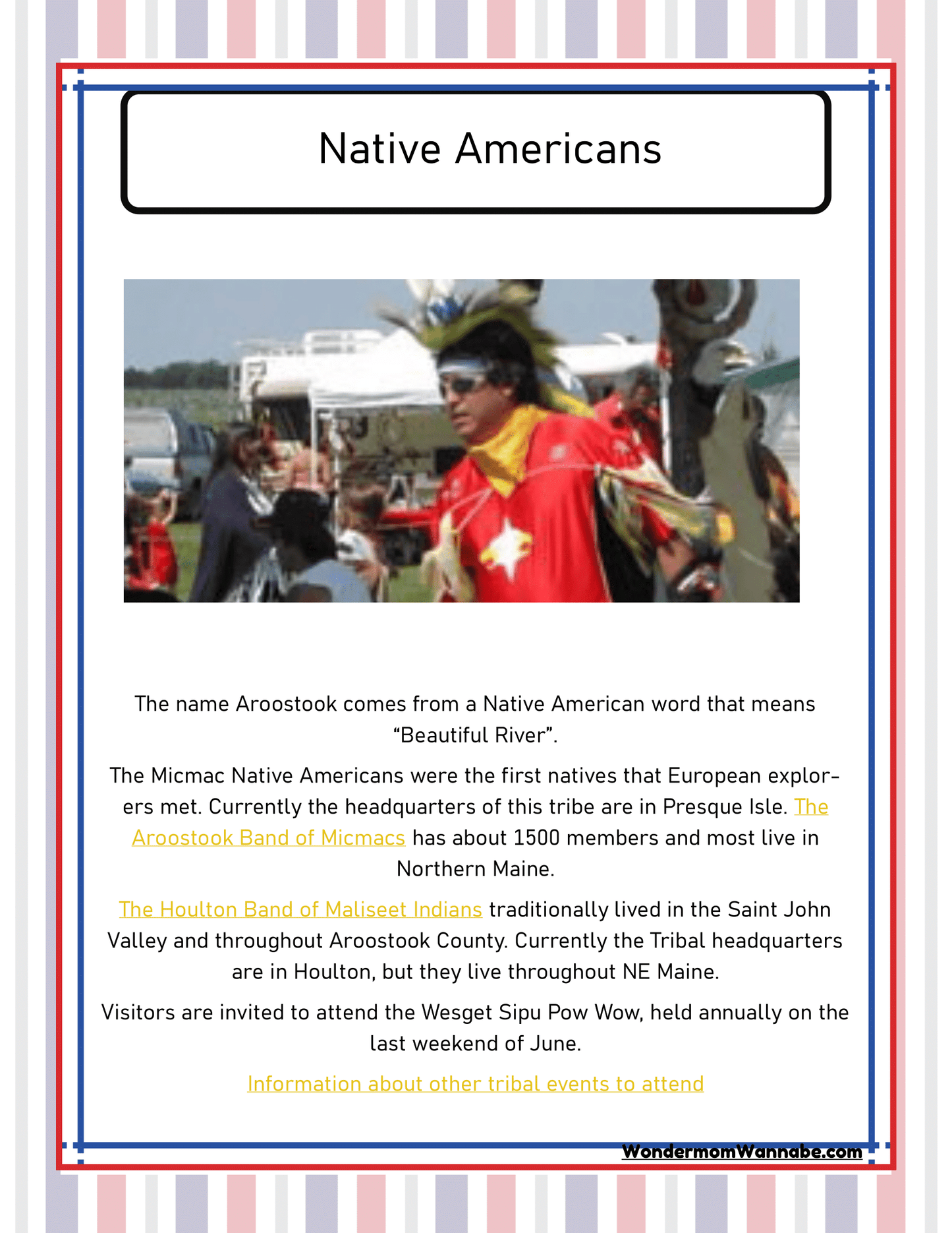 The "Native Americans" poster, featured in the Maine Travel Guide and Activity Kit for Kids by Wondermom Shop, offers insightful information about the Aroostook and Houlton Bands of Maliseet Indians, detailing their locations, populations, and an annual event held in June. This fascinating segment is an essential inclusion in any travel guide to Maine.