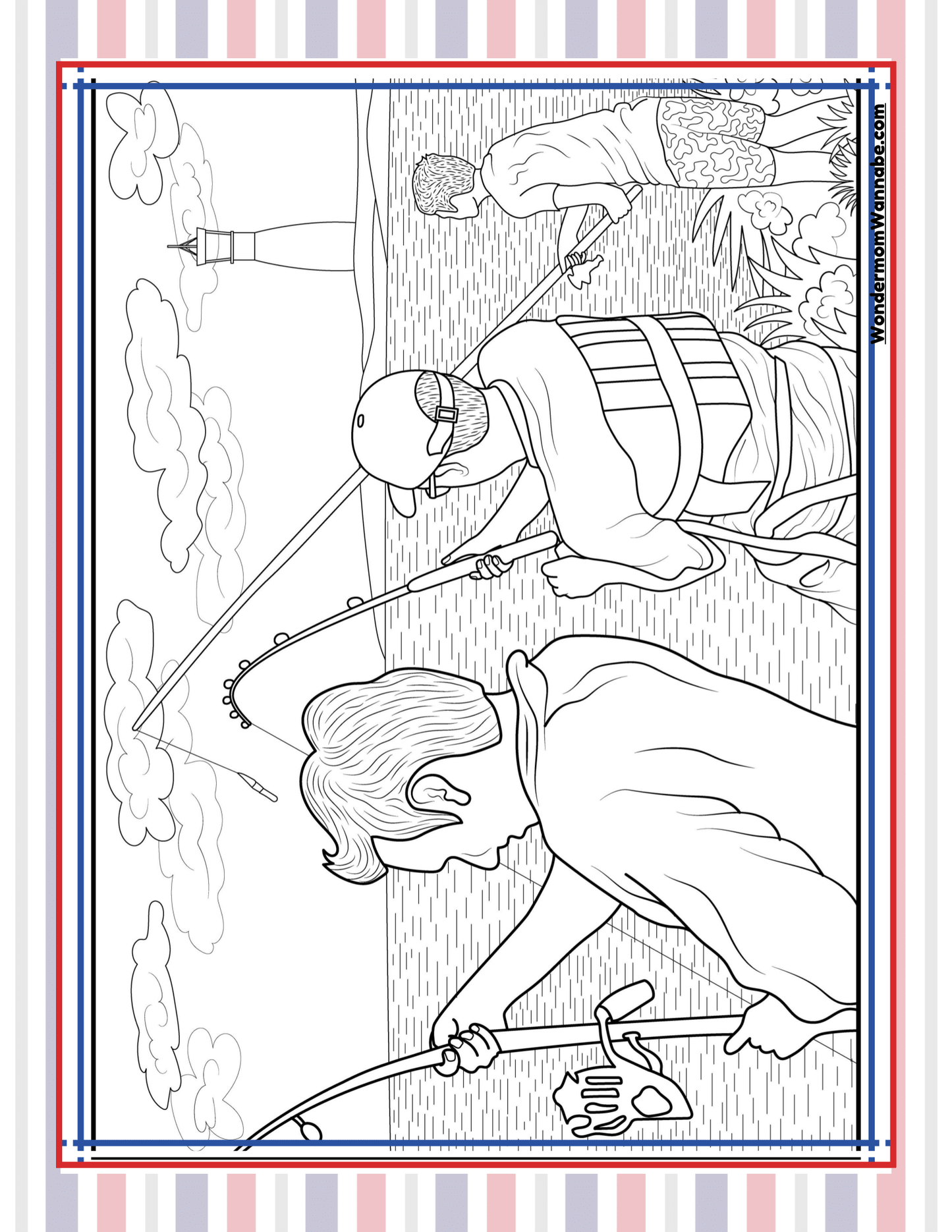 Three people are fishing by a body of water with a lighthouse in the background, capturing quintessential Maine activities. This black and white image is beautifully framed with a striped border, reminiscent of the charming illustrations found in the Maine Travel Guide and Activity Kit for Kids by Wondermom Shop.