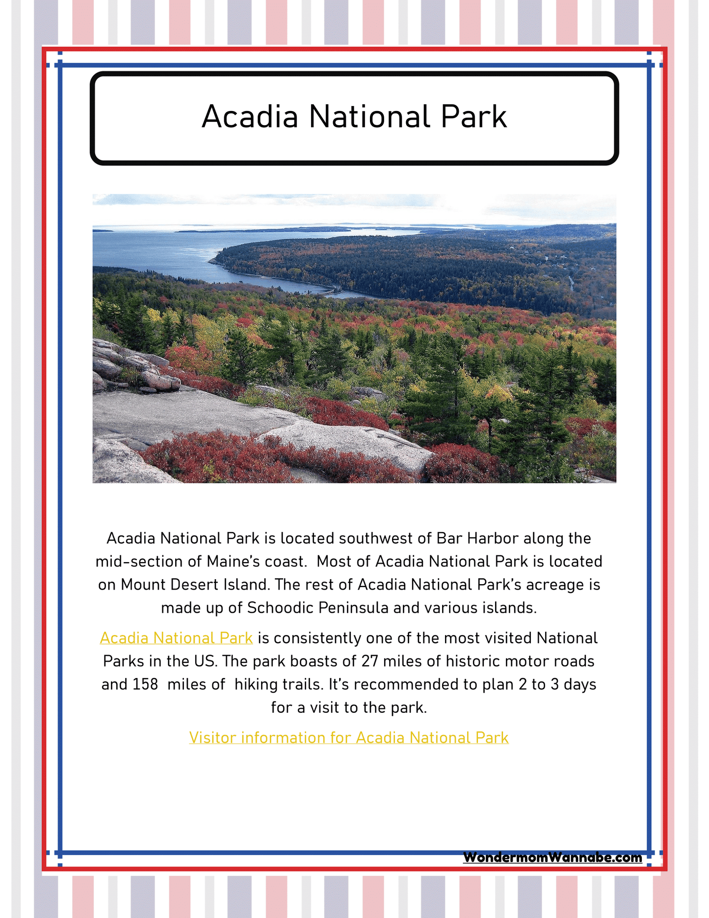 The Maine Travel Guide and Activity Kit for Kids by Wondermom Shop offers an informative and visually stunning poster of Acadia National Park, featuring a scenic photograph that captures the park's lush greenery and striking rock formations. The included text details the park's location in Maine, highlights its top attractions, and suggests an ideal visit duration—making it a perfect addition to any comprehensive guide on traveling through Maine.