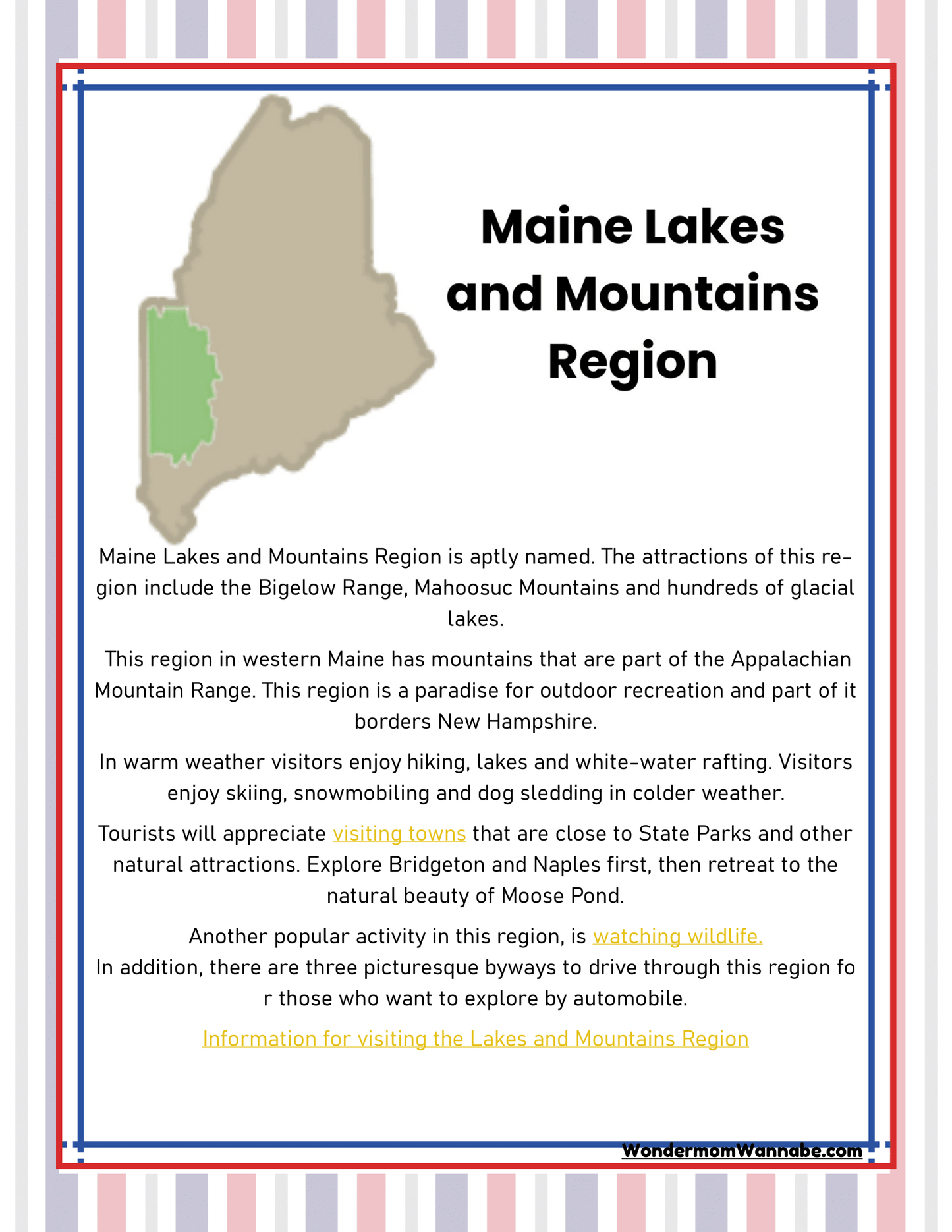 Discover the Maine Travel Guide and Activity Kit for Kids from Wondermom Shop! This essential guide for visitors features an informational flyer about the Maine Lakes and Mountains Region, detailing exciting activities such as hiking, skiing, snowmobiling, wildlife watching, and town visits. It also includes a regional map to help you explore.