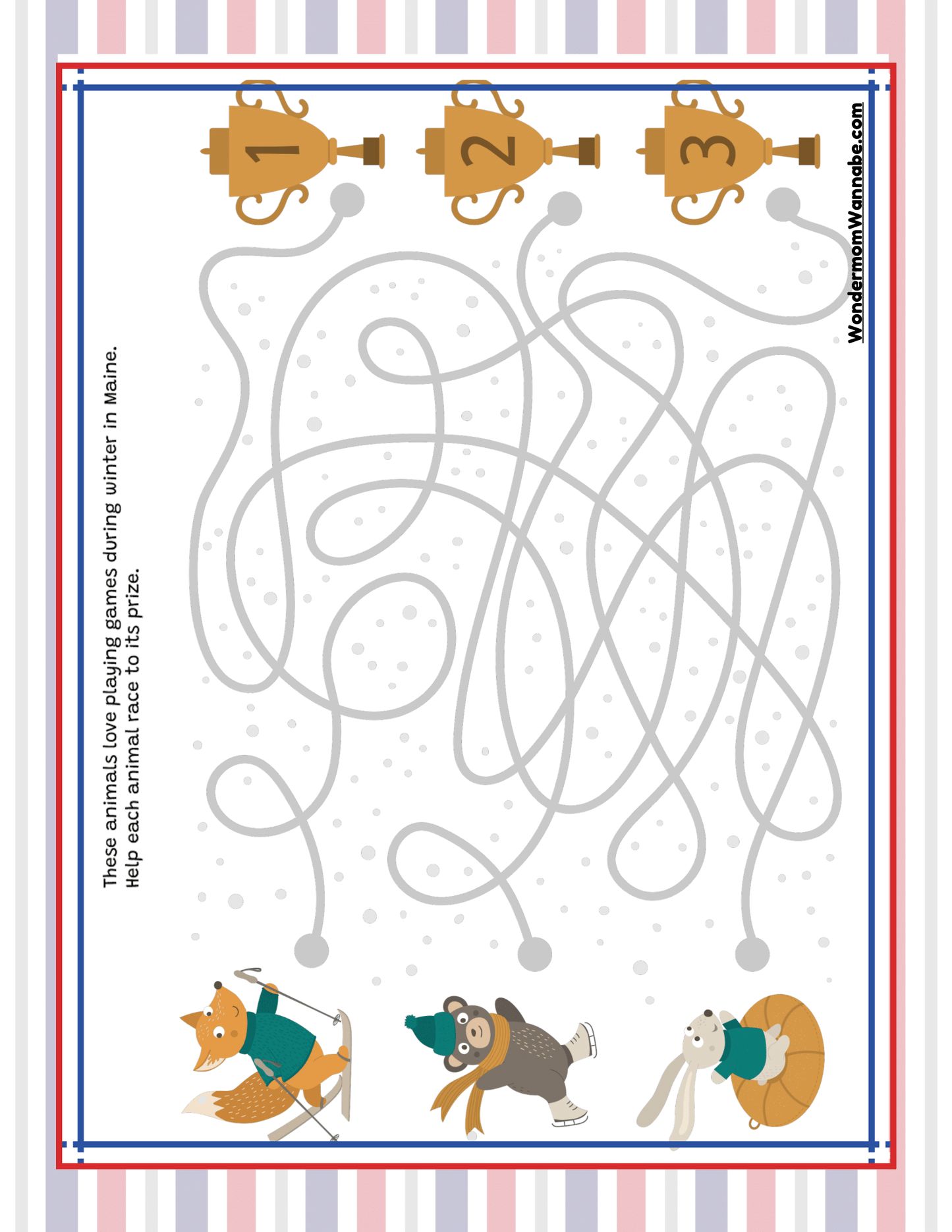 Maze puzzle featuring a fox, bear, and rabbit—all dressed in winter clothing and holding winter-related items. Three paths lead to gold trophies labeled 1, 2, and 3 at the top. The text on the left says: "These animals love playing Maine activities during winter. Help each animal race to its prize." From the Wondermom Shop's Maine Travel Guide and Activity Kit for Kids.