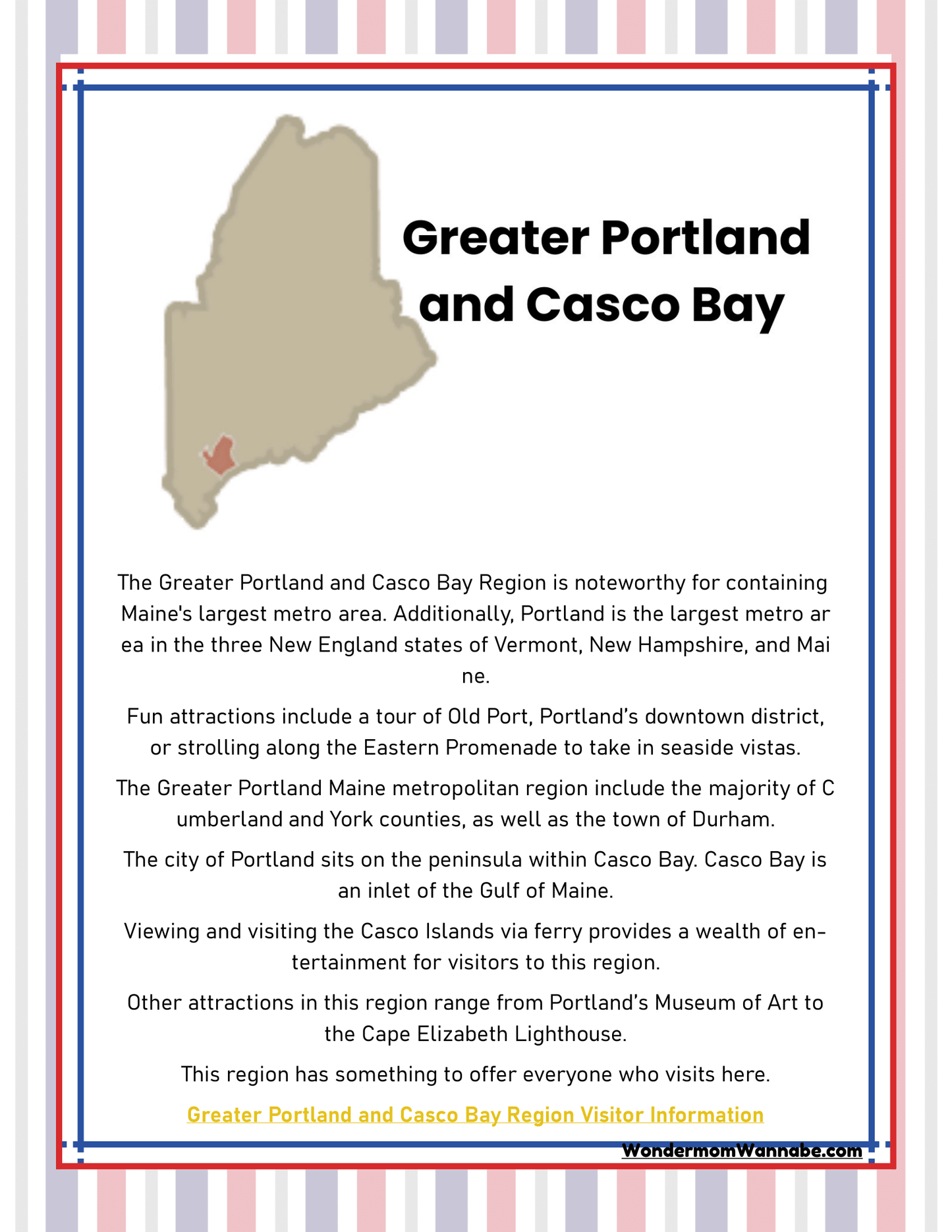 Introducing the Maine Travel Guide and Activity Kit for Kids by Wondermom Shop – a must-have poster that details the Greater Portland and Casco Bay Region in Maine. It highlights notable attractions including art museums, historical forts, the Eastern Promenade, and areas within Cumberland and York counties. This is your ultimate guide for discovering exceptional Maine activities!