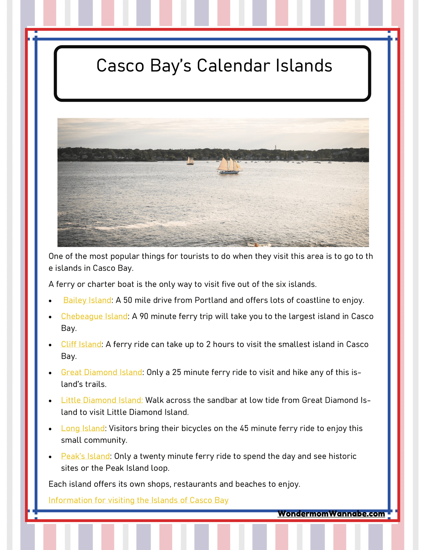 A flyer titled "Casco Bay’s Calendar Islands" serves as an essential travel guide from Wondermom Shop, featuring the "Maine Travel Guide and Activity Kit for Kids." It lists touristic information about various islands in Casco Bay, including Bailey Island, Chebeague Island, Cliff Island, and Great Diamond Island.