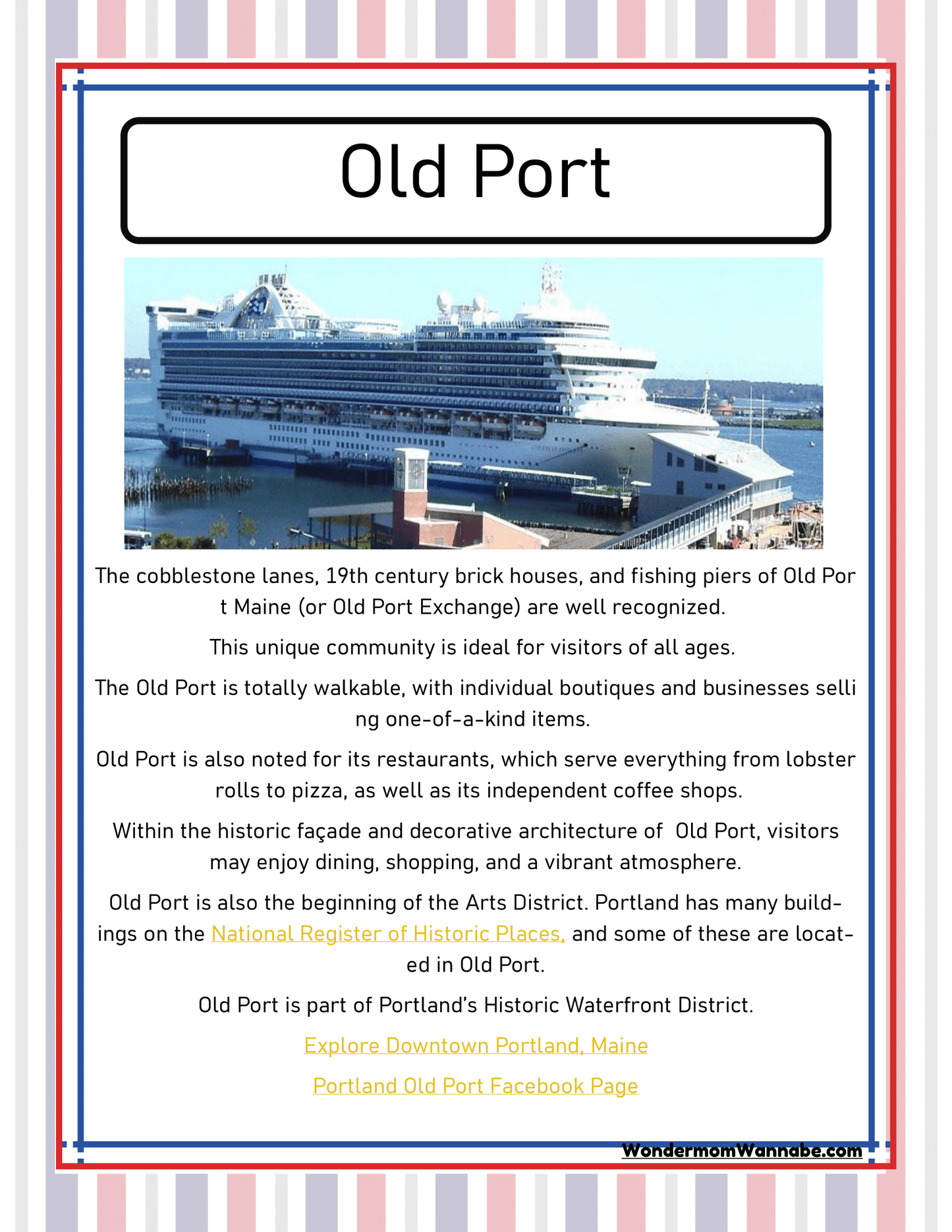Informational poster about the Old Port area in Portland, Maine, highlighting its shopping, dining, and historical significance. The Wondermom Shop's "Maine Travel Guide and Activity Kit for Kids" features a large cruise ship docked in the background.