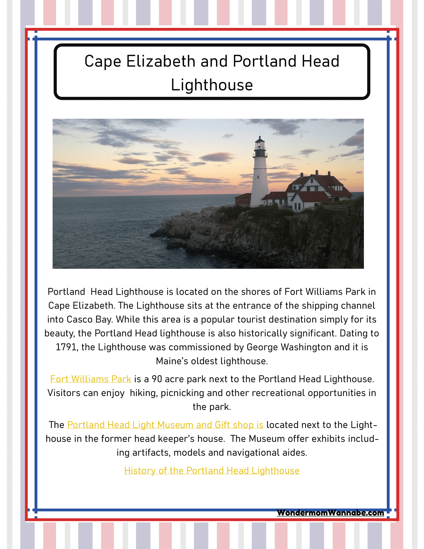 The Maine Travel Guide and Activity Kit for Kids by Wondermom Shop features a vibrant poster displaying an image of the Portland Head Lighthouse at Fort Williams Park in Cape Elizabeth, Maine. Accompanied by engaging text detailing the historical significance and visitor insights of this iconic beacon, it stands out as an essential highlight in every Maine travel guide.