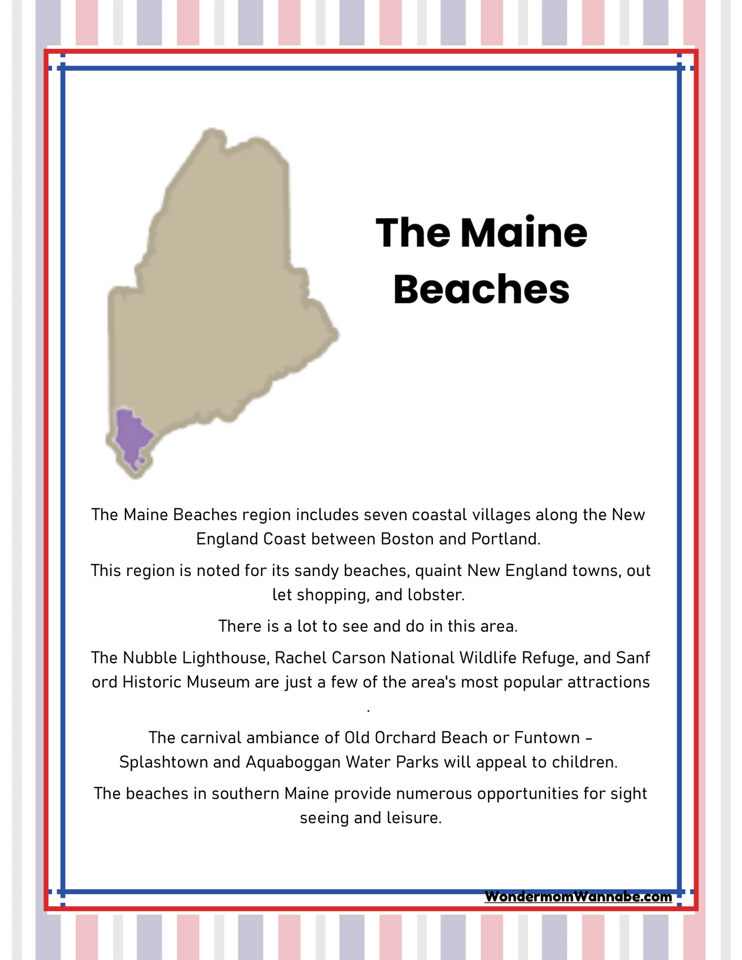 Image showing an informational poster from Wondermom Shop about The Maine Beaches region. The poster includes a map highlighting the region, a list of attractions, and mentions the appeal to children and sightseeing opportunities—making it an essential Maine Travel Guide and Activity Kit for Kids.