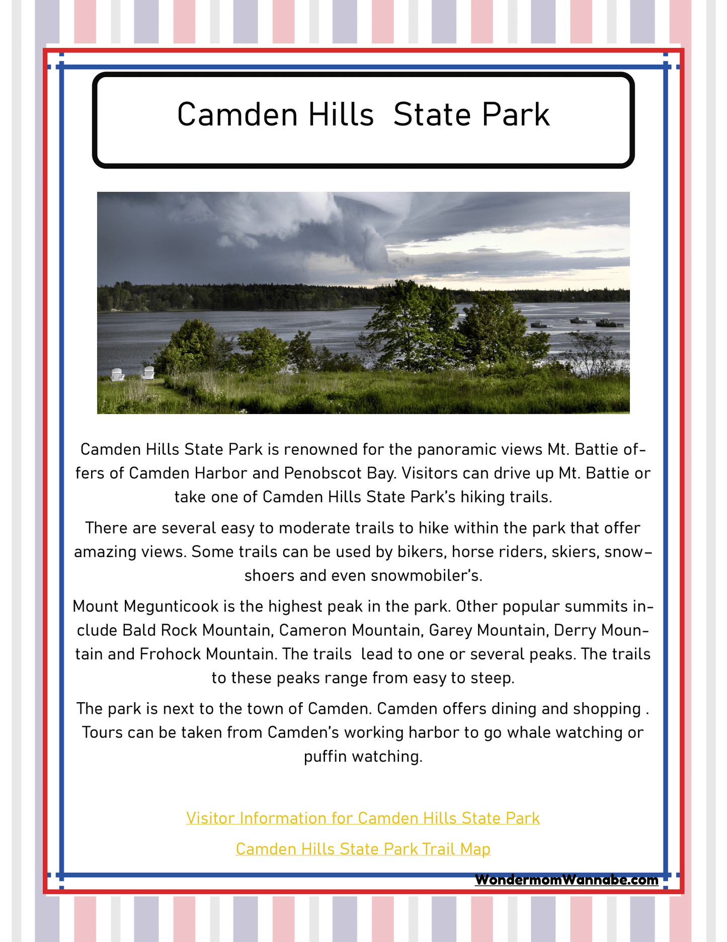 A card with a picture of a lake and clouds, capturing the serene beauty highlighted in the Wondermom Shop's "Maine Travel Guide and Activity Kit for Kids.