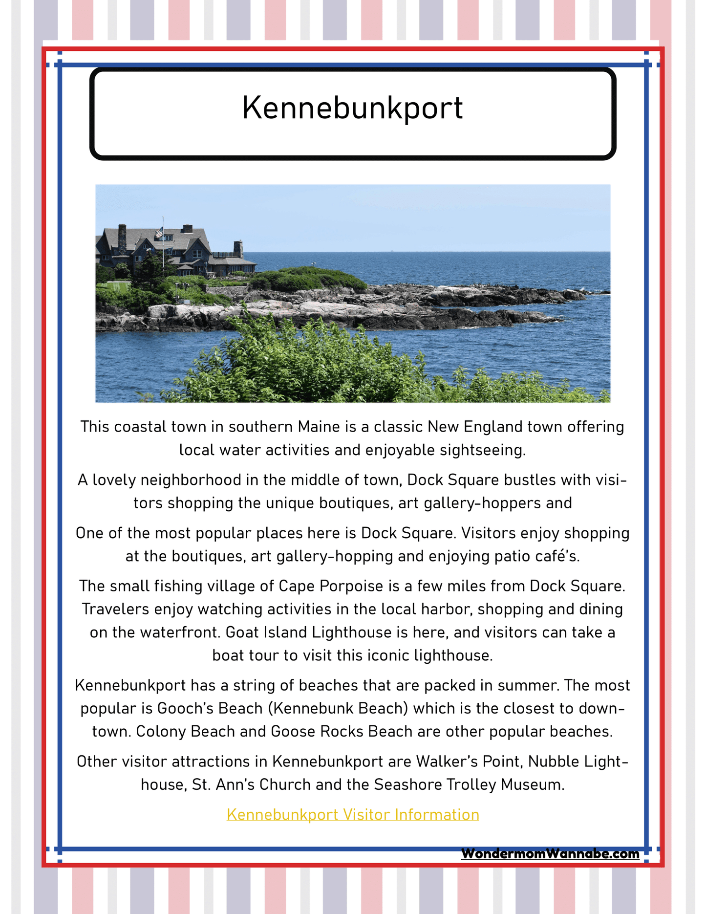 An informational poster created by Wondermom Shop as part of their "Maine Travel Guide and Activity Kit for Kids," detailing Kennebunkport, Maine's charming shops, scenic lighthouse, and nearby beaches. The guide includes popular visitor attractions like Dock Square, Walker's Point, and the Seashore Trolley Museum.