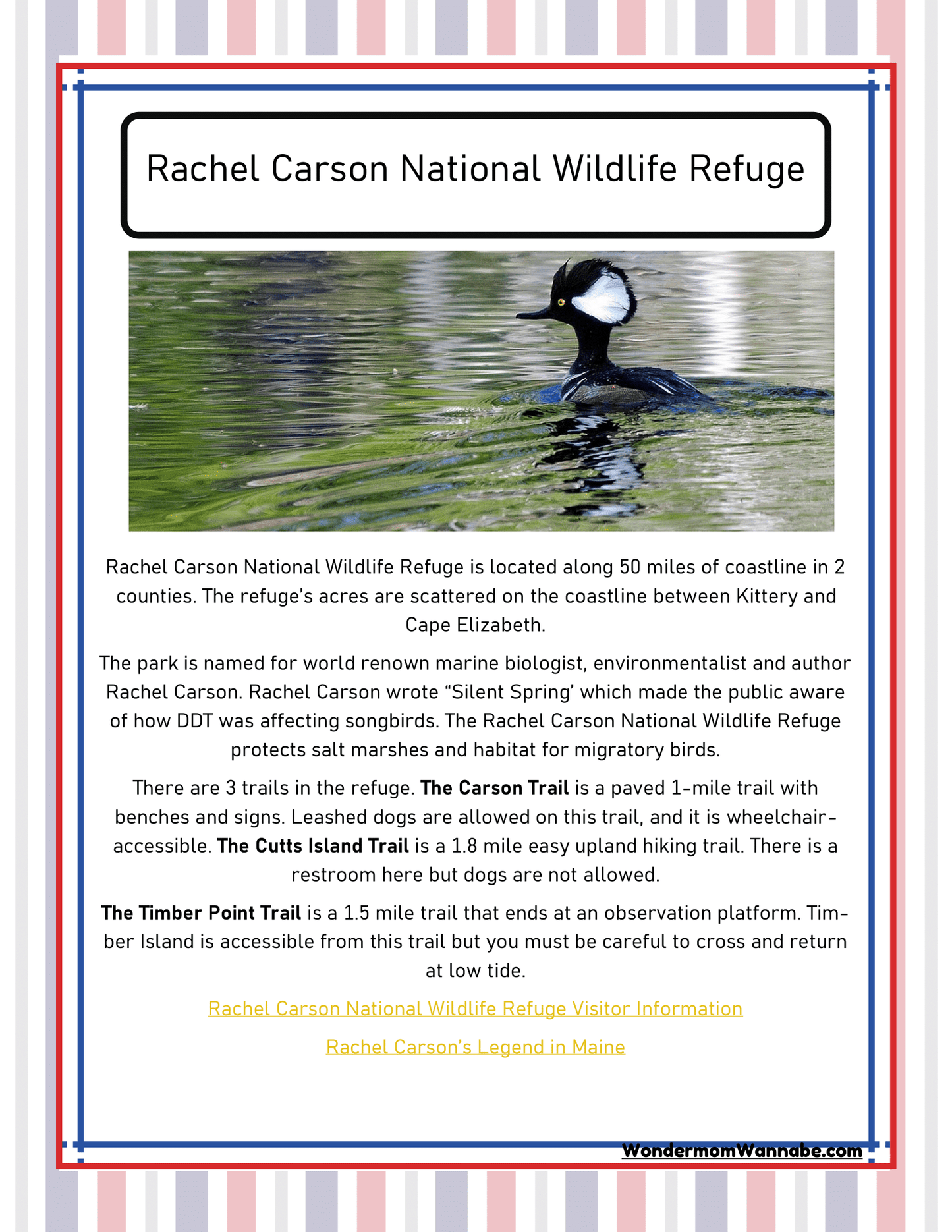 Informational poster about Rachel Carson National Wildlife Refuge. Text details its location, trails, accessibility, and a quote from Rachel Carson. The poster includes links to visitor information, a legend, and highlights on Maine activities to explore during your visit—all perfectly complemented by the "Maine Travel Guide and Activity Kit for Kids" from Wondermom Shop.
