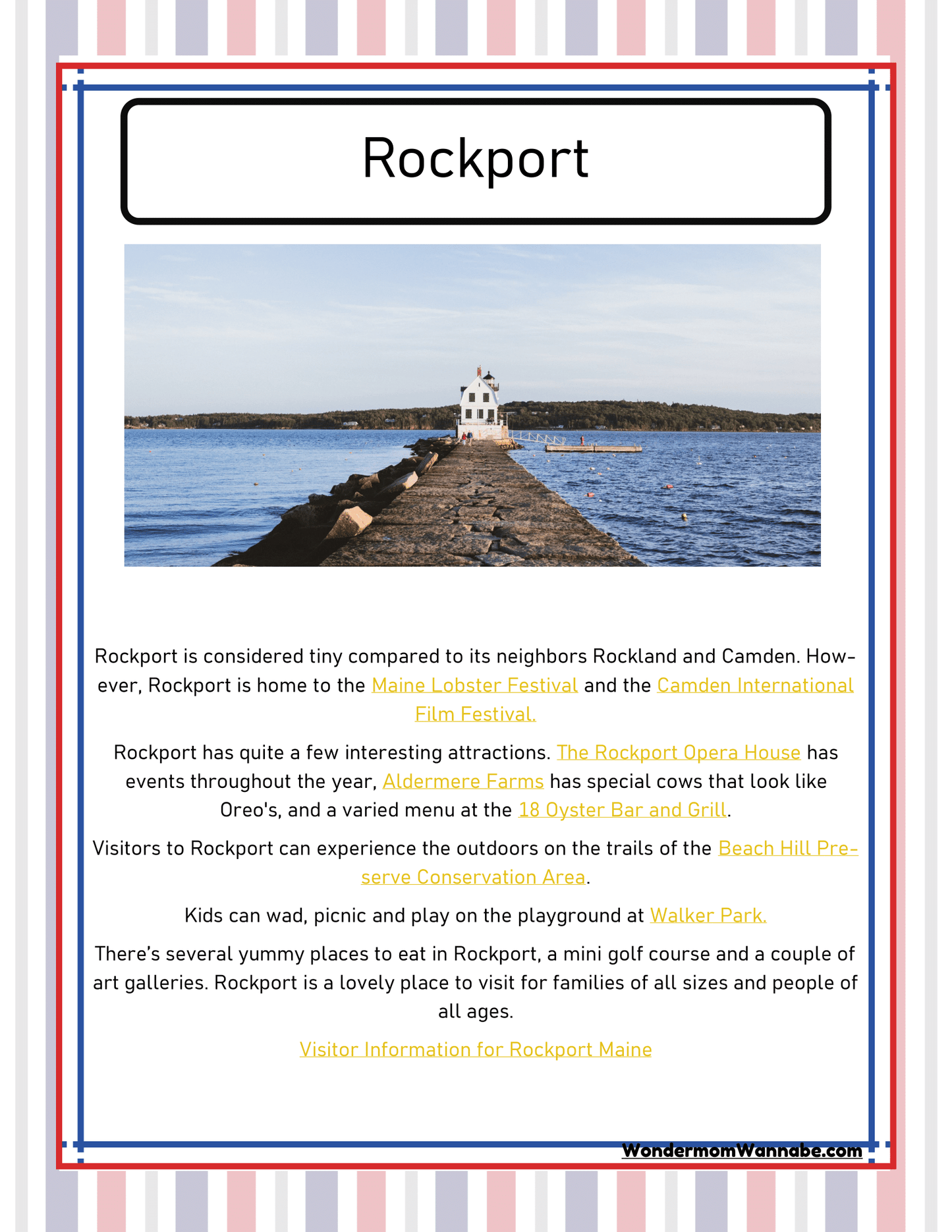 Explore Rockport, Maine! Dive into the Maine Lobster Festival, visit Aldermere Farms, relax at Walker Park, and enjoy local eateries and galleries. Let the **Maine Travel Guide and Activity Kit for Kids** by **Wondermom Shop** be your ultimate guide for outdoor activities and more.