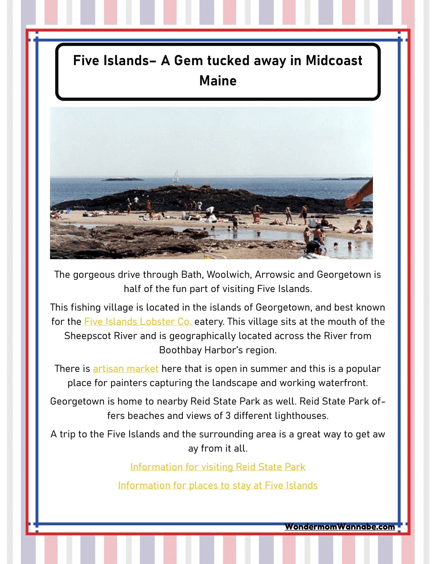 Experience the wonders of Midcoast Maine with the **Maine Travel Guide and Activity Kit for Kids** by **Wondermom Shop**. This comprehensive guide highlights attractions such as Five Islands, featuring a quaint fishing village, a renowned lobster company, scenic coastal views, and a charming local artisan market. Discover additional Maine activities and travel tips through the provided information links.