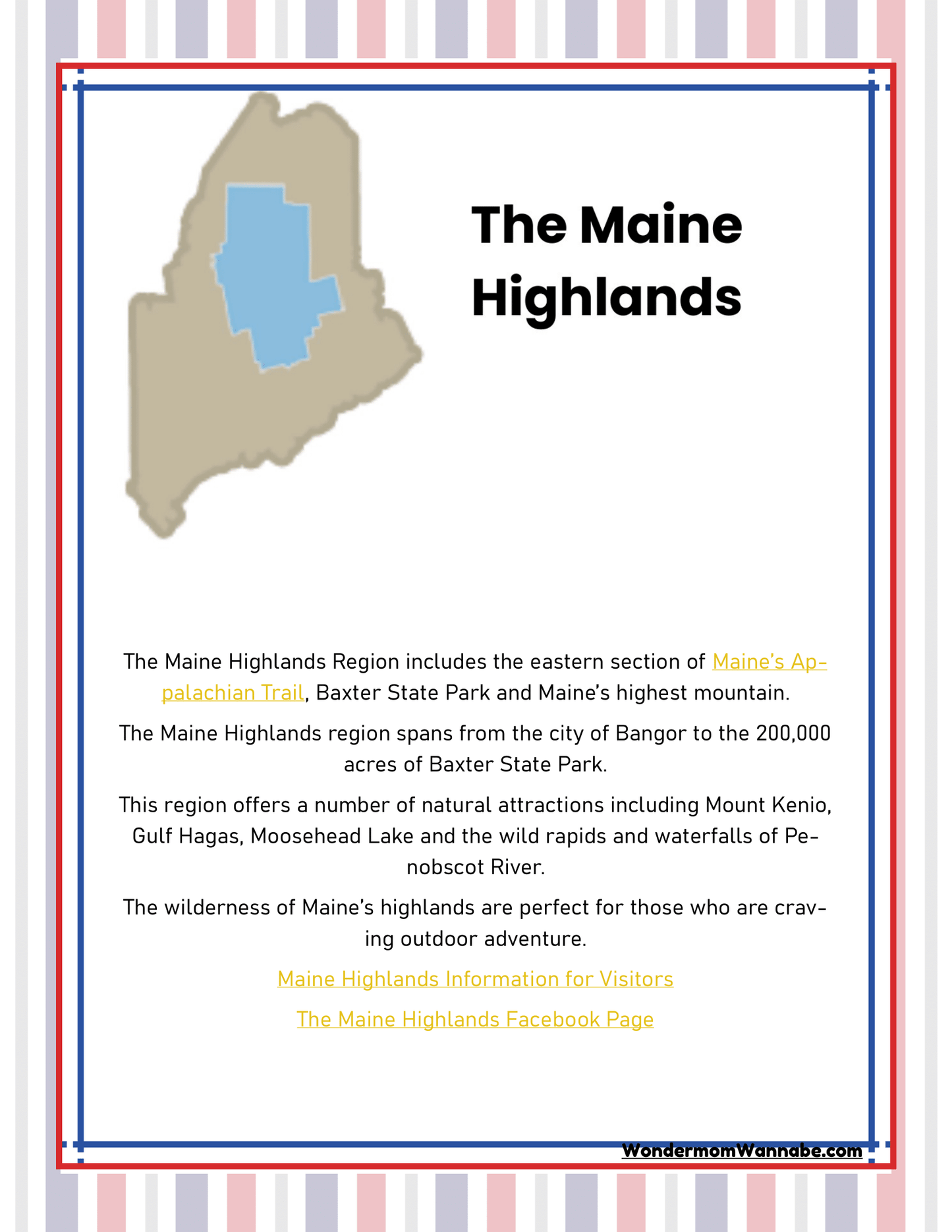 A promotional image for The Maine Highlands featuring a map of the region and information on its attractions, including nature areas and the Appalachian Trail. This ultimate "Maine Travel Guide and Activity Kit for Kids" by Wondermom Shop offers links at the bottom for more info on Maine activities.