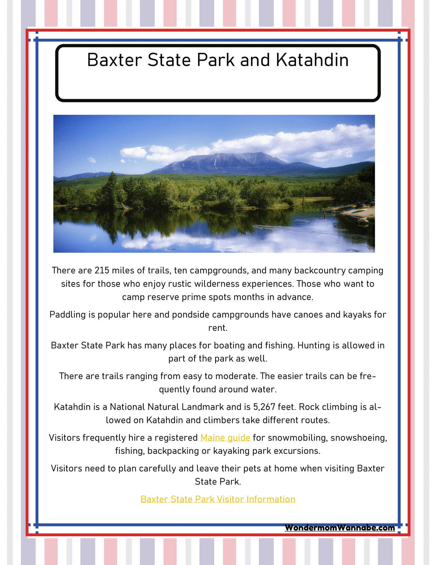 A poster from Wondermom Shop's "Maine Travel Guide and Activity Kit for Kids" showcasing Baxter State Park and Katahdin, with a picturesque view of a lake, forest, and mountains. It includes activities, accommodations, and guidelines for visitors—perfect for highlighting the beauty and adventure opportunities in Maine travel guides.