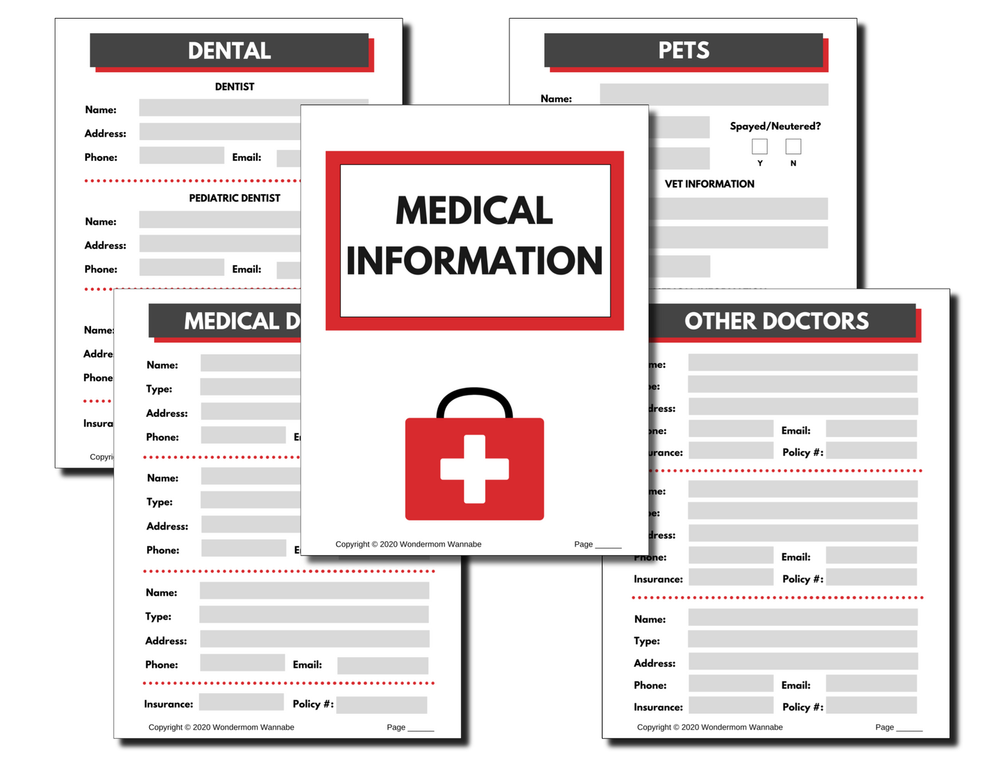 Image showing the In Case of Emergency Binder (Fillable PDF) by Wondermom Shop, with forms titled "DENTAL," "PETS," "MEDICAL INFORMATION," "MEDICAL DOCTORS," and "OTHER DOCTORS." Each form includes fields for name, address, phone, email, and additional specific information.