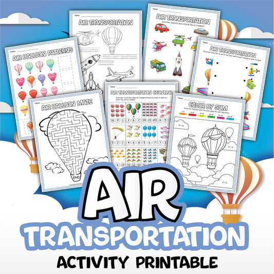 The Air Transportation Activity Kit from Wondermom Shop includes printable activities for children such as coloring, maze navigation, pattern recognition, and counting pages with illustrations of hot air balloons and various air vehicles. This digital product provides hours of entertainment and is perfect for complementing your Printable Dinosaur Activity Kit.